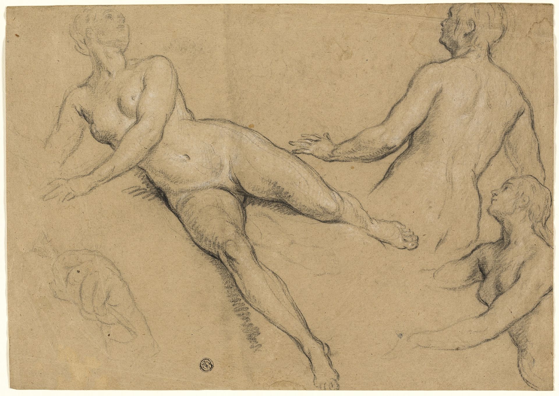 Sheet of Studies: Three Women and a Hand (recto); Sketches of Male Nudes, Heads and Hand (verso) by François Marot