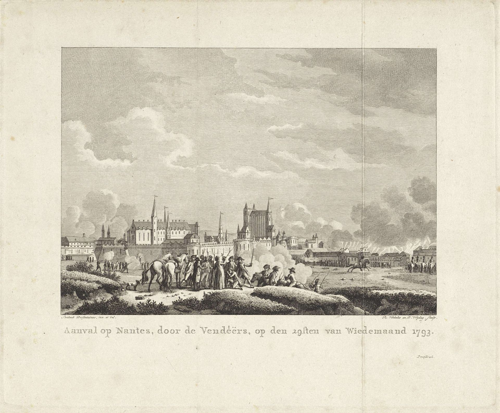 Aanval op Nantes, door de Vendeers, op den 29sten van Wiedemaand 1793 by Reinier Vinkeles