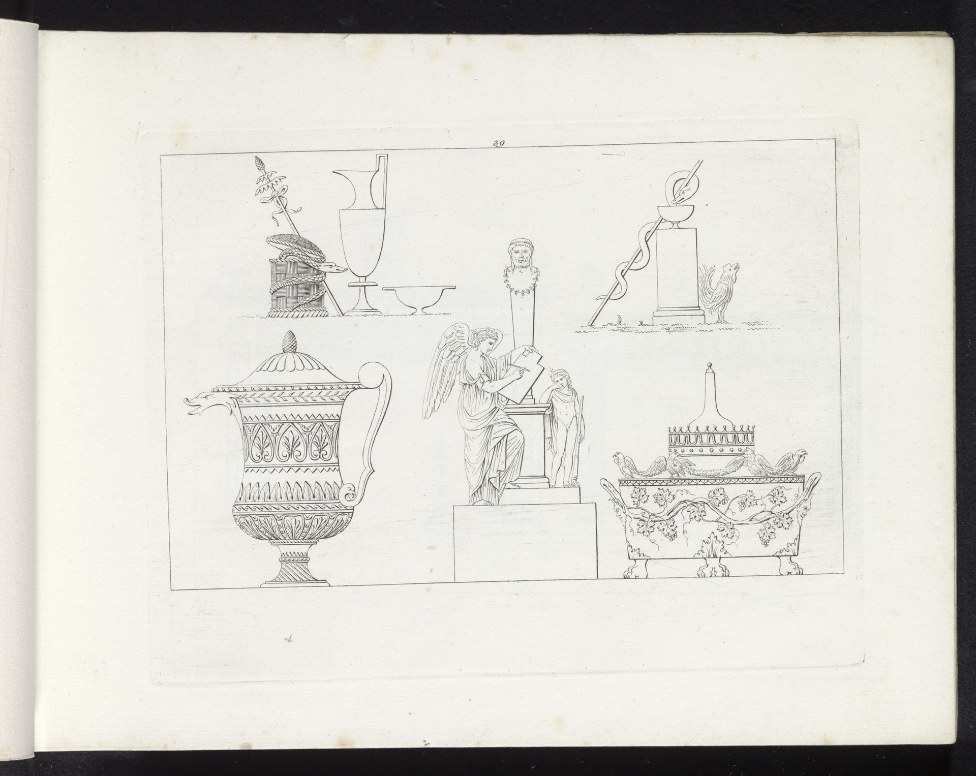 Ornamenteel vaatwerk en een beeld met een gevleugelde figuur by Pietro Ruga