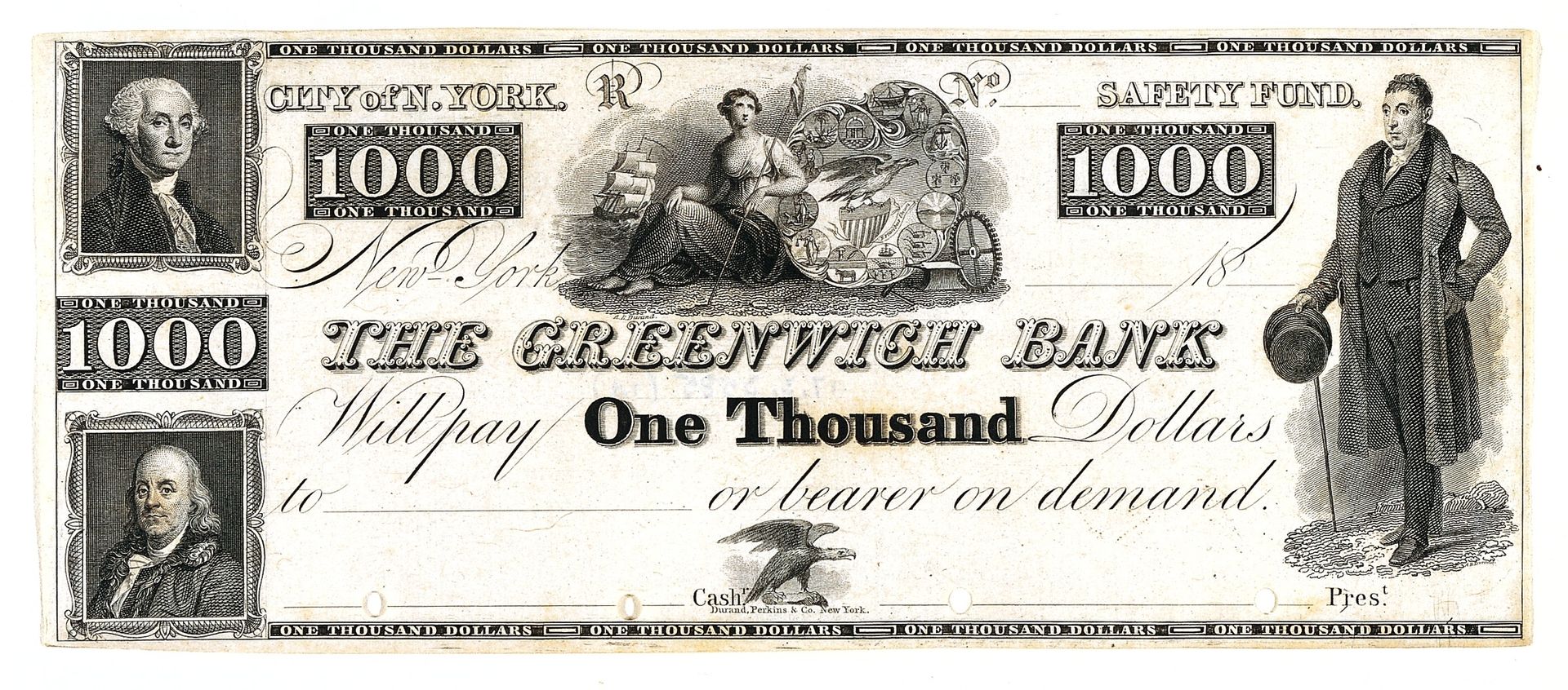 $1000 Bill for The Greenwich Bank, The City of New York by Asher Brown Durand