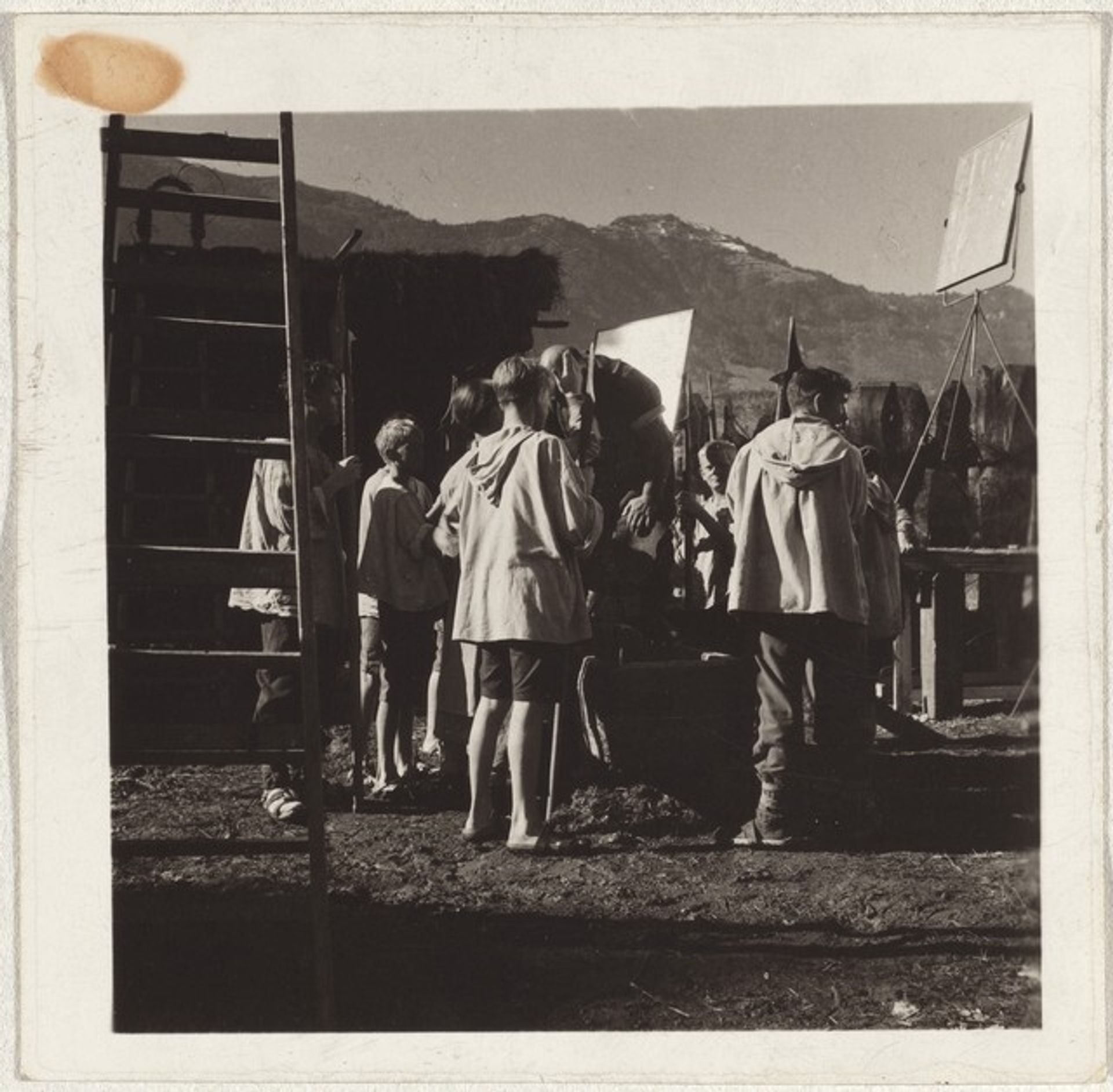 Young actors holding weapons--Filming "Landammann Stauffacher" by Robert Frank