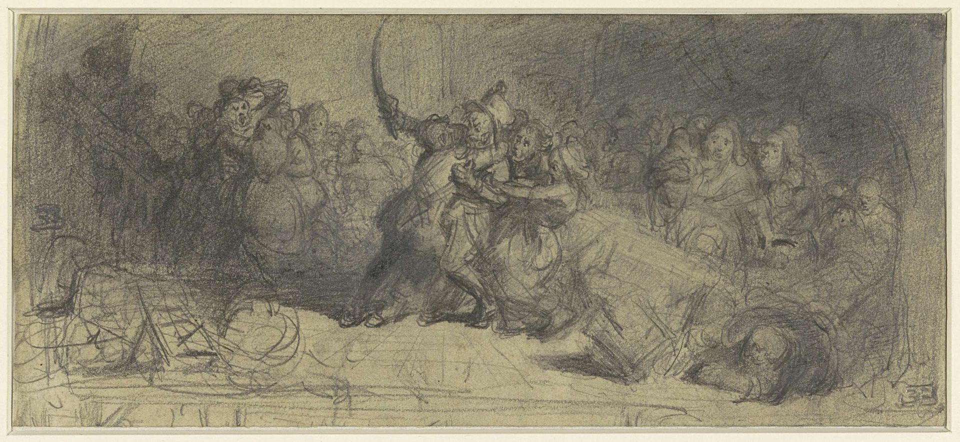 Omstanders proberen een gevecht tussen twee mannen te sussen by Eugène François de Block