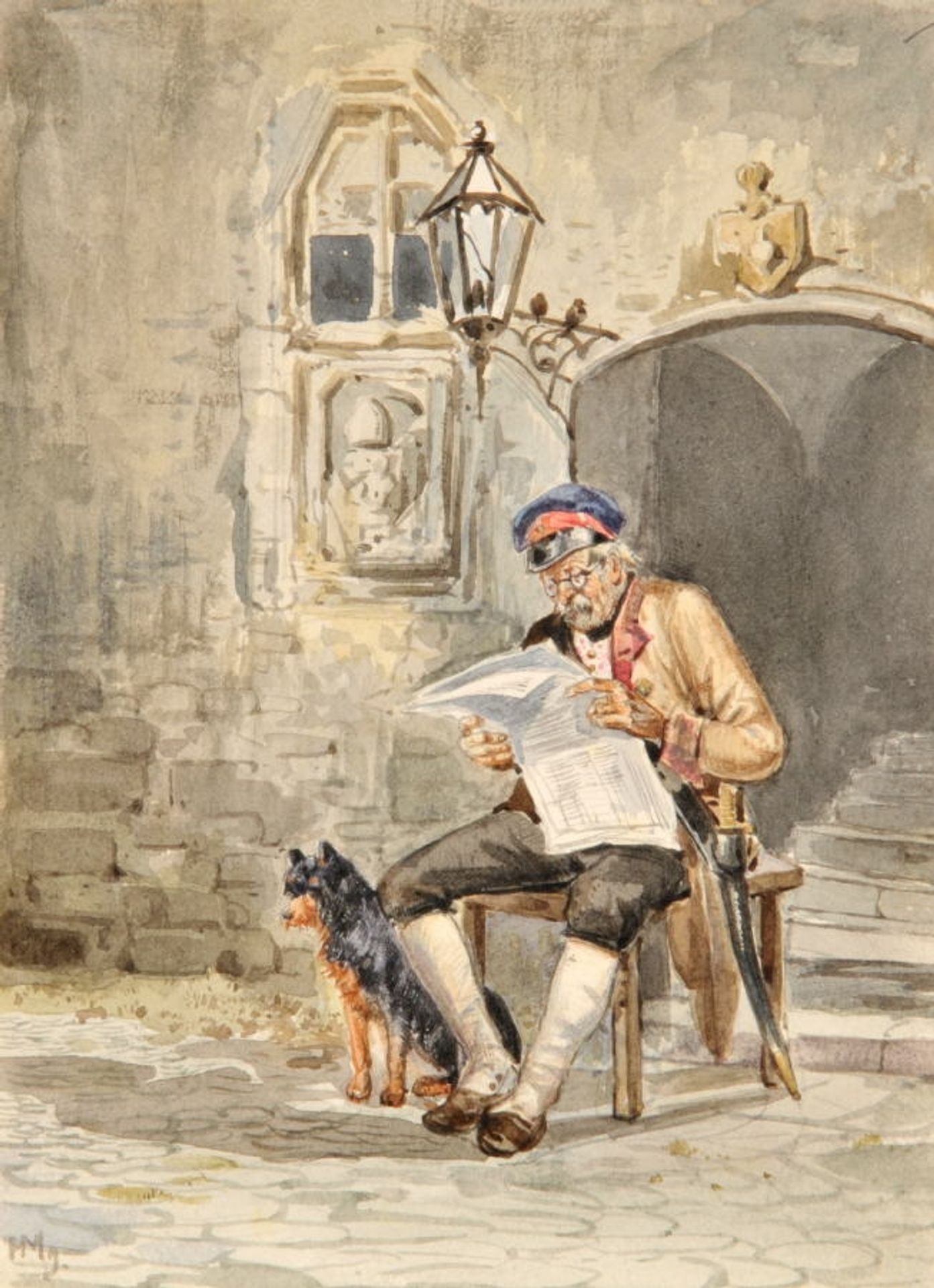Security guard reading newspaper at the staircase by Hugo Mühlig
