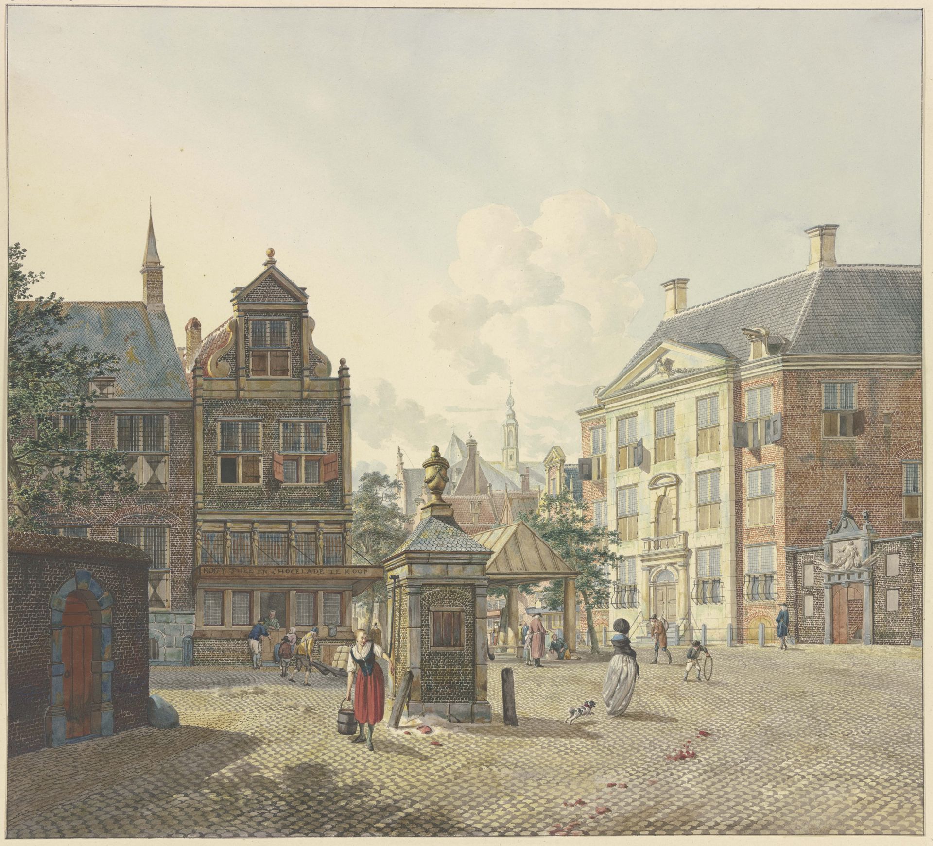 Auf einem freien Platz ein Brunnenhaus, dabei eine Magd in rotem Rock und mit einem Eimer by Johannes Huibert Prins