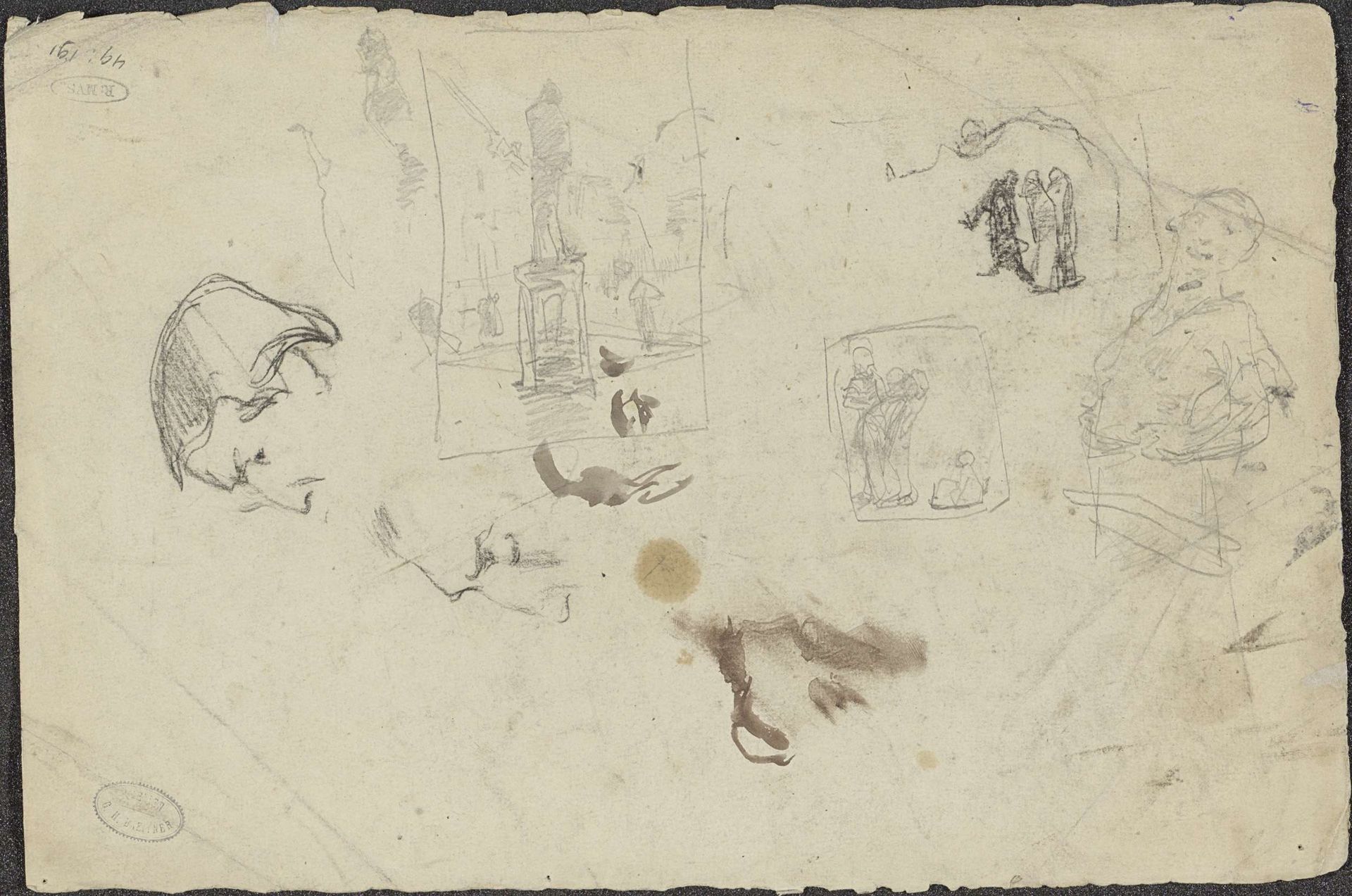 Figuurstudies en een stadsgezicht met een standbeeld by George Hendrik Breitner