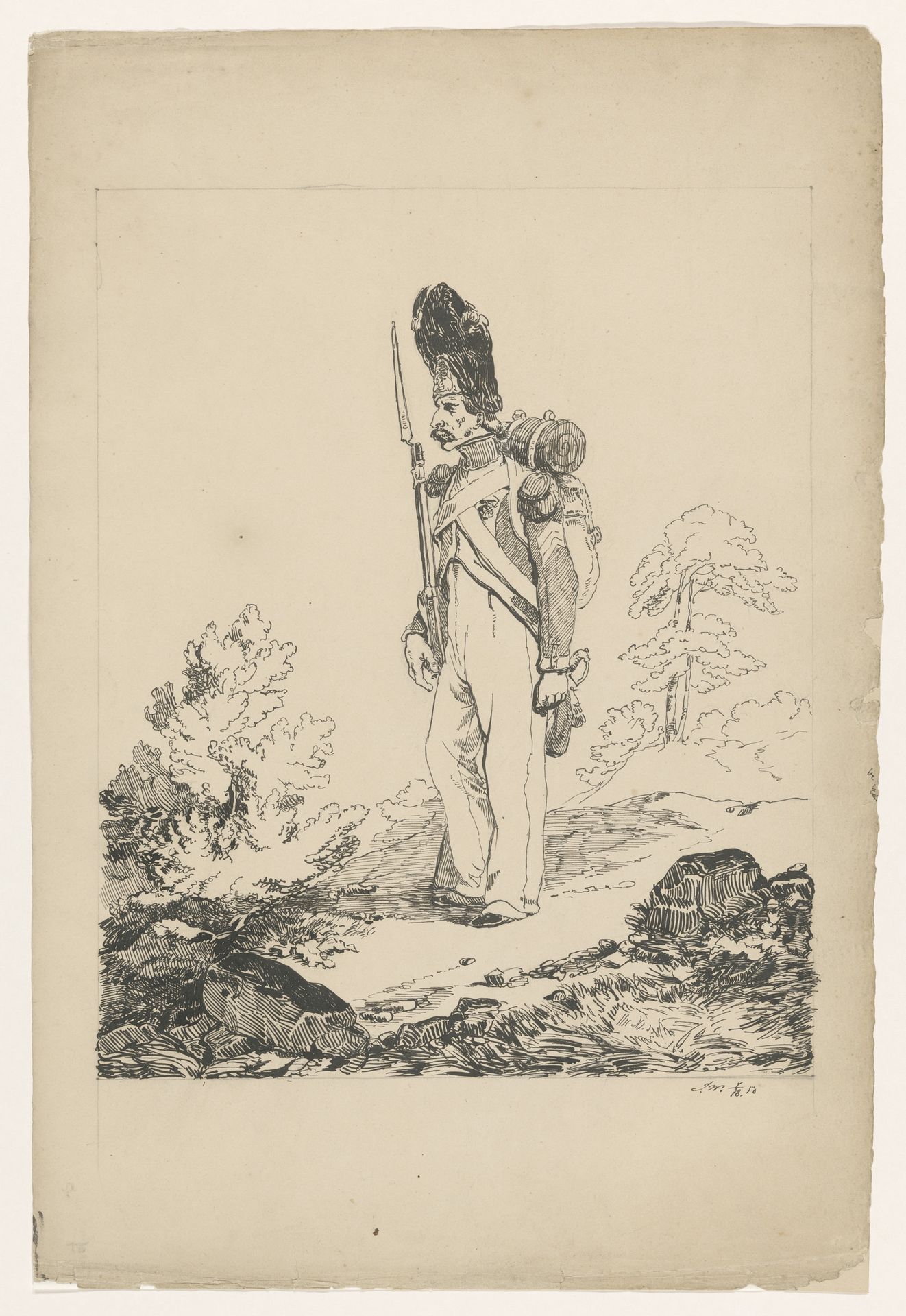 Soldaat met bajonet in een landschap by Isaac Weissenbruch