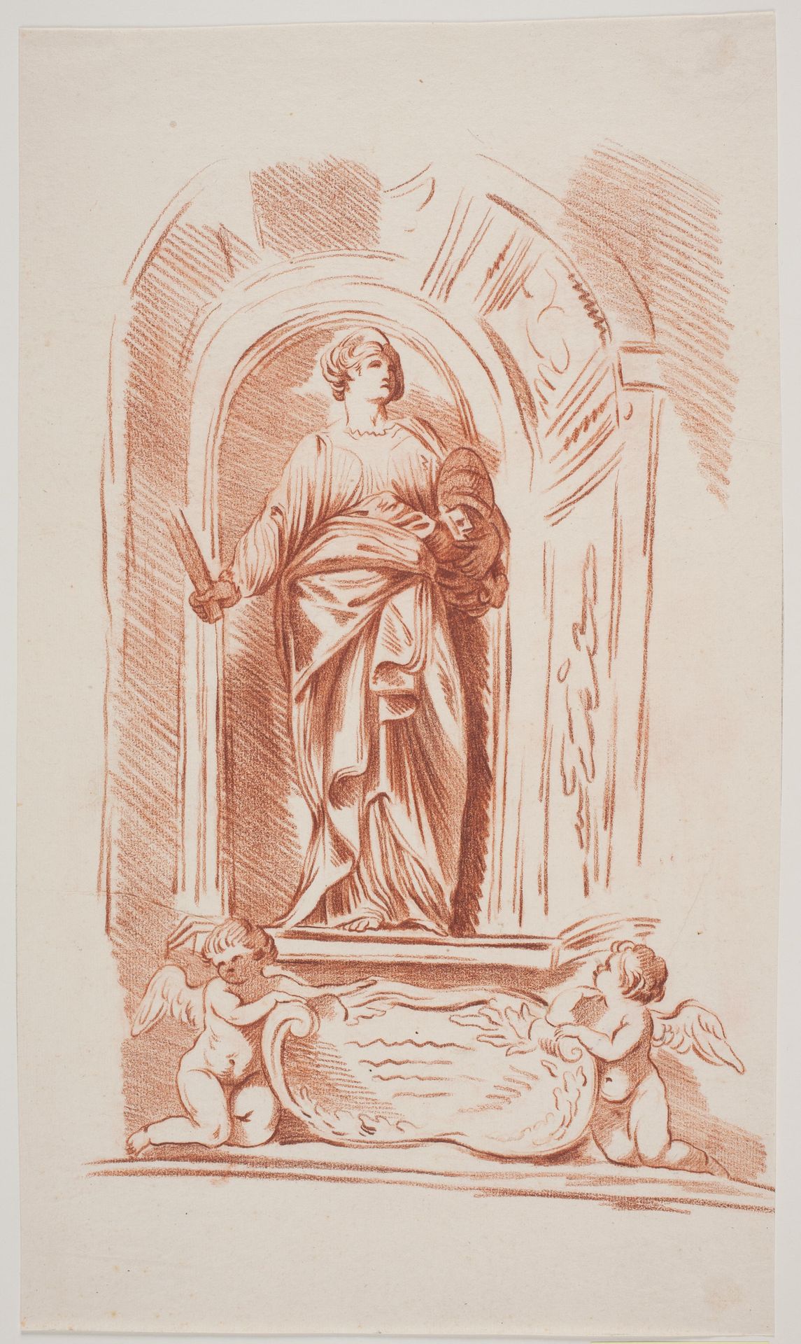 Allegorisk kvindeskikkelse i gevandt med nøgle, tiara og en stav (?). Stående i en niche. Forneden to englebørn og et skjold (?) by Jacques François Joseph Saly