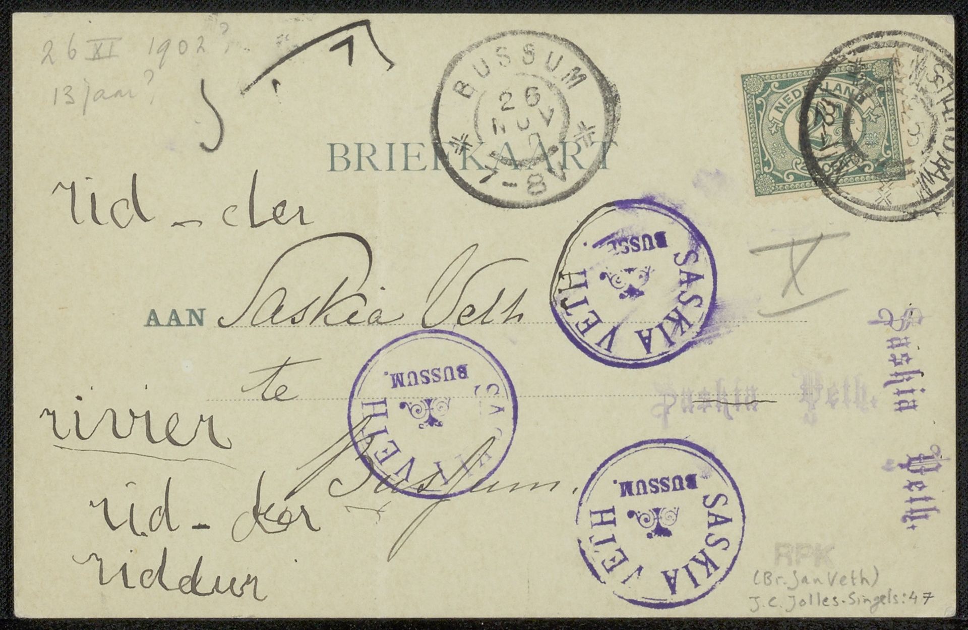 Briefkaart aan Saskia Delprat-Veth by Jacoba Cornelia Jolles-Singels