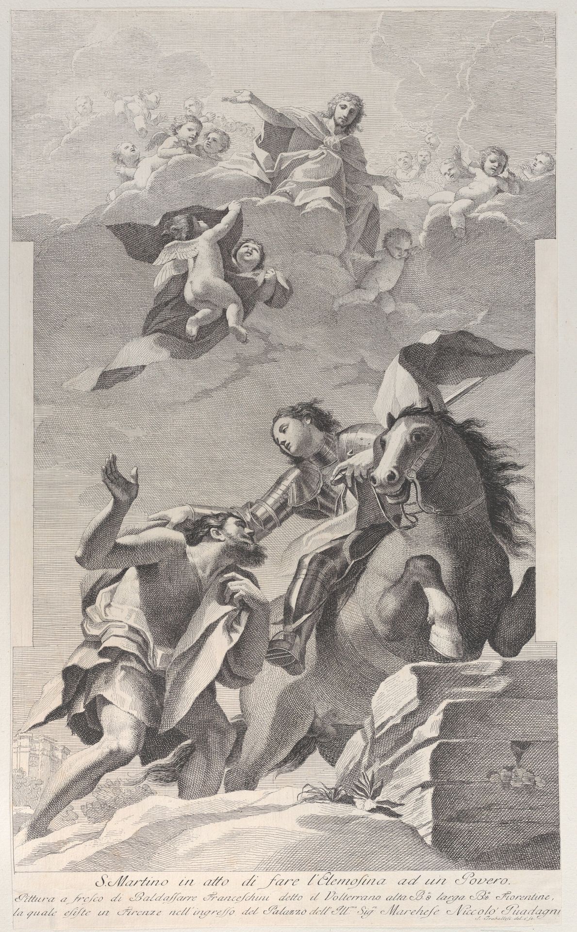 Saint Martin, on horseback, giving his cloak to a beggar, angels overhead by Giuliano Traballesi