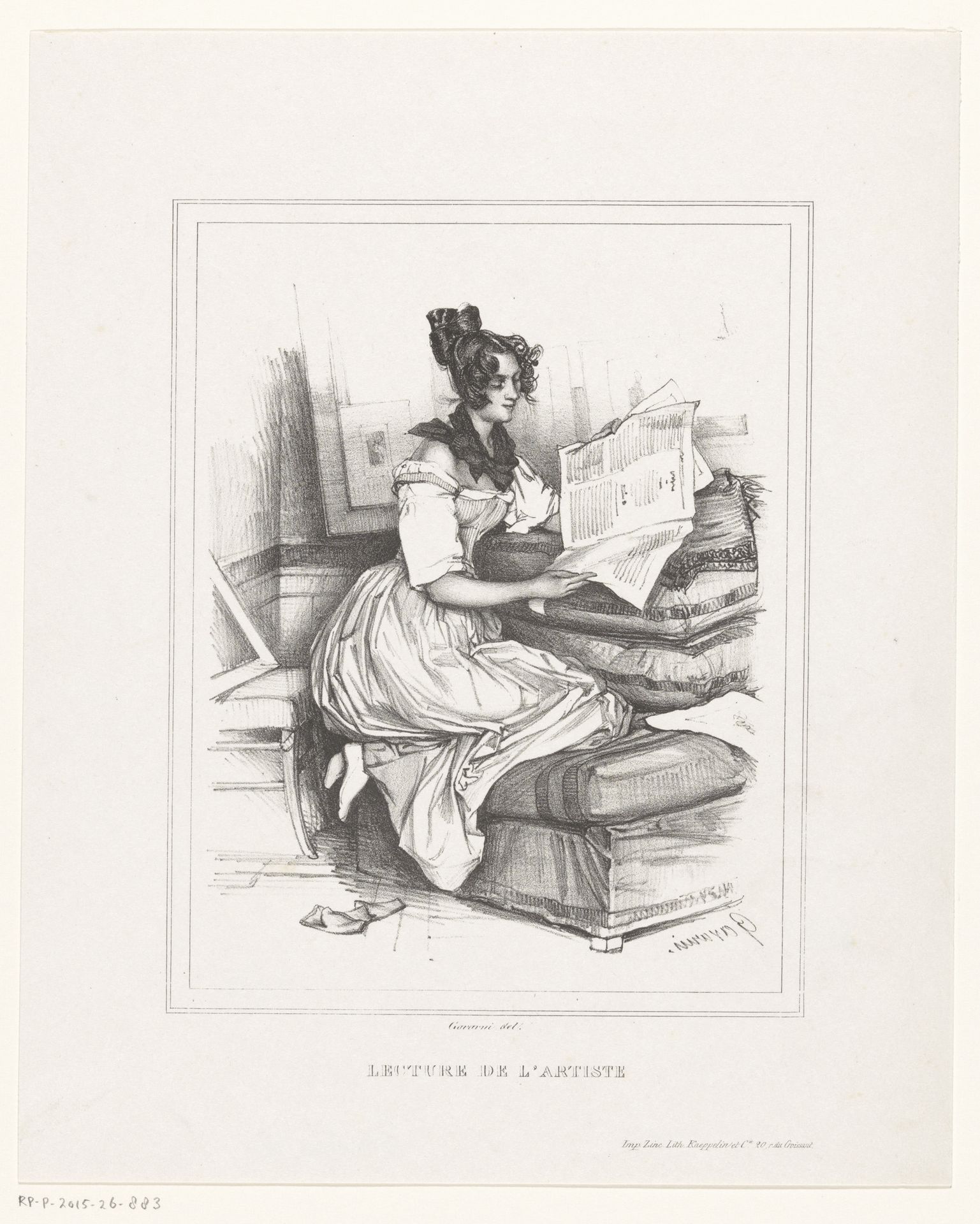 Vrouw leest een tijdschrift op een bank by Paul Gavarni