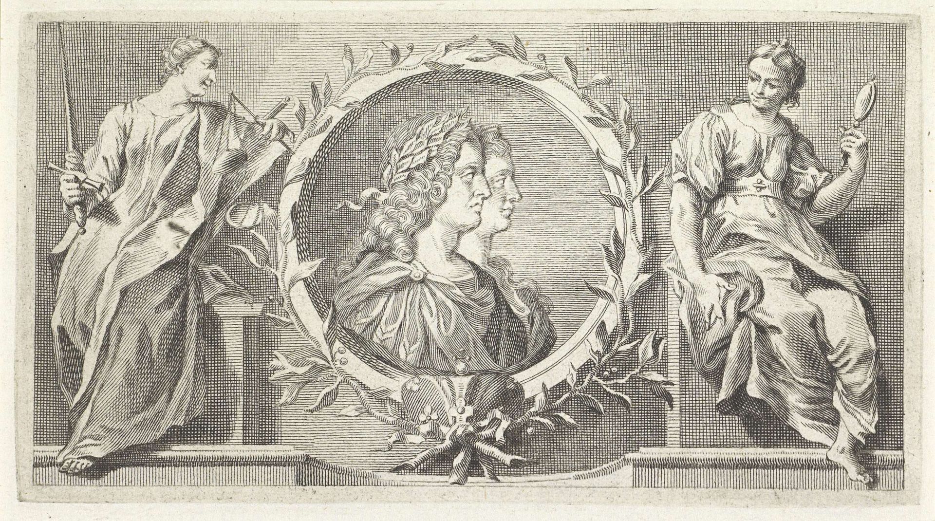 Cartouche met gelauwerde man en vrouw by Giovanni Cattini