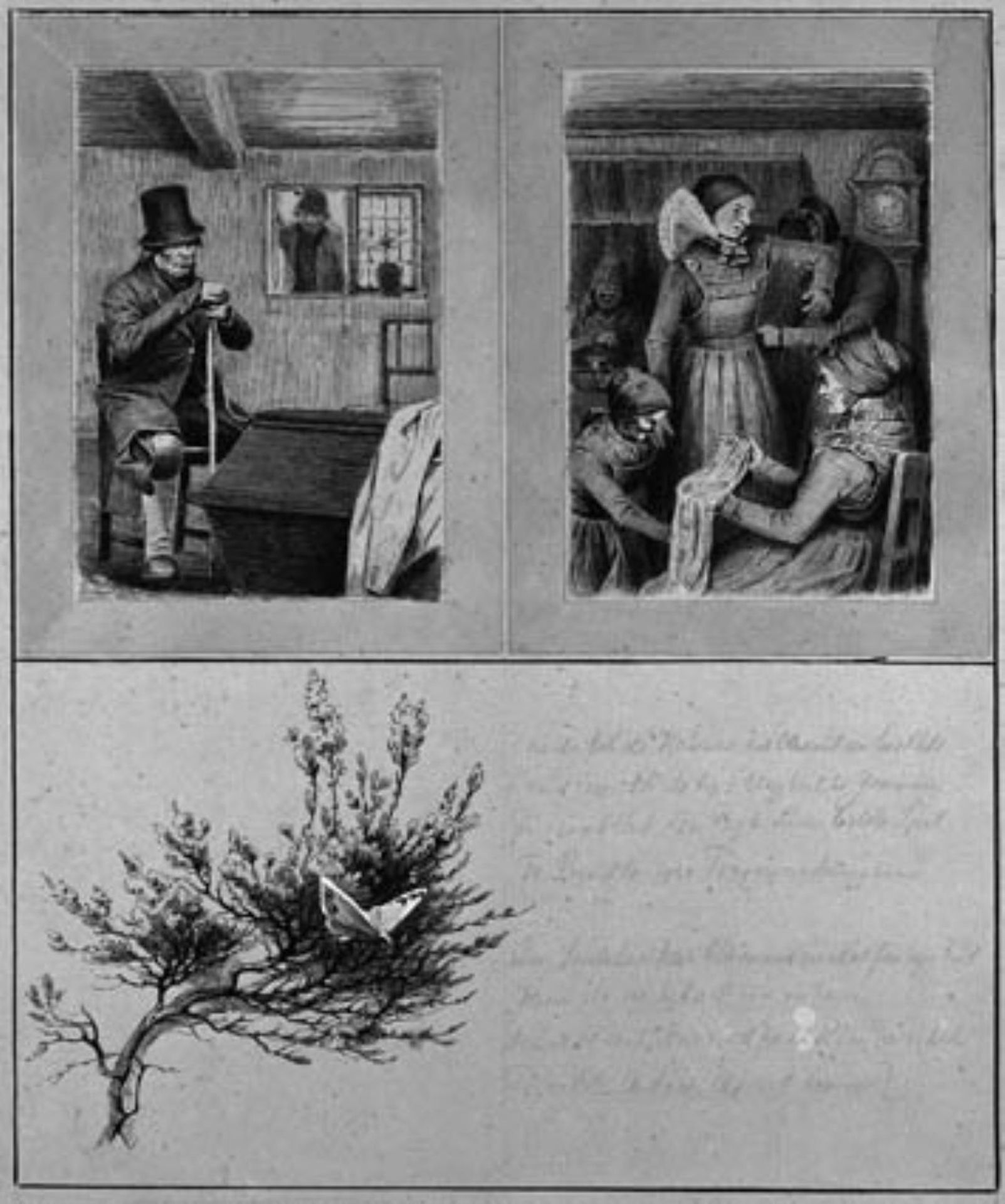 Illustration til St. St. Blicher: "Mowns". Snedkeren ved kisten; f.o.t.h.: bruden smykkes; f.n.t.v.: træ og sommerfugl by Hans Smidth