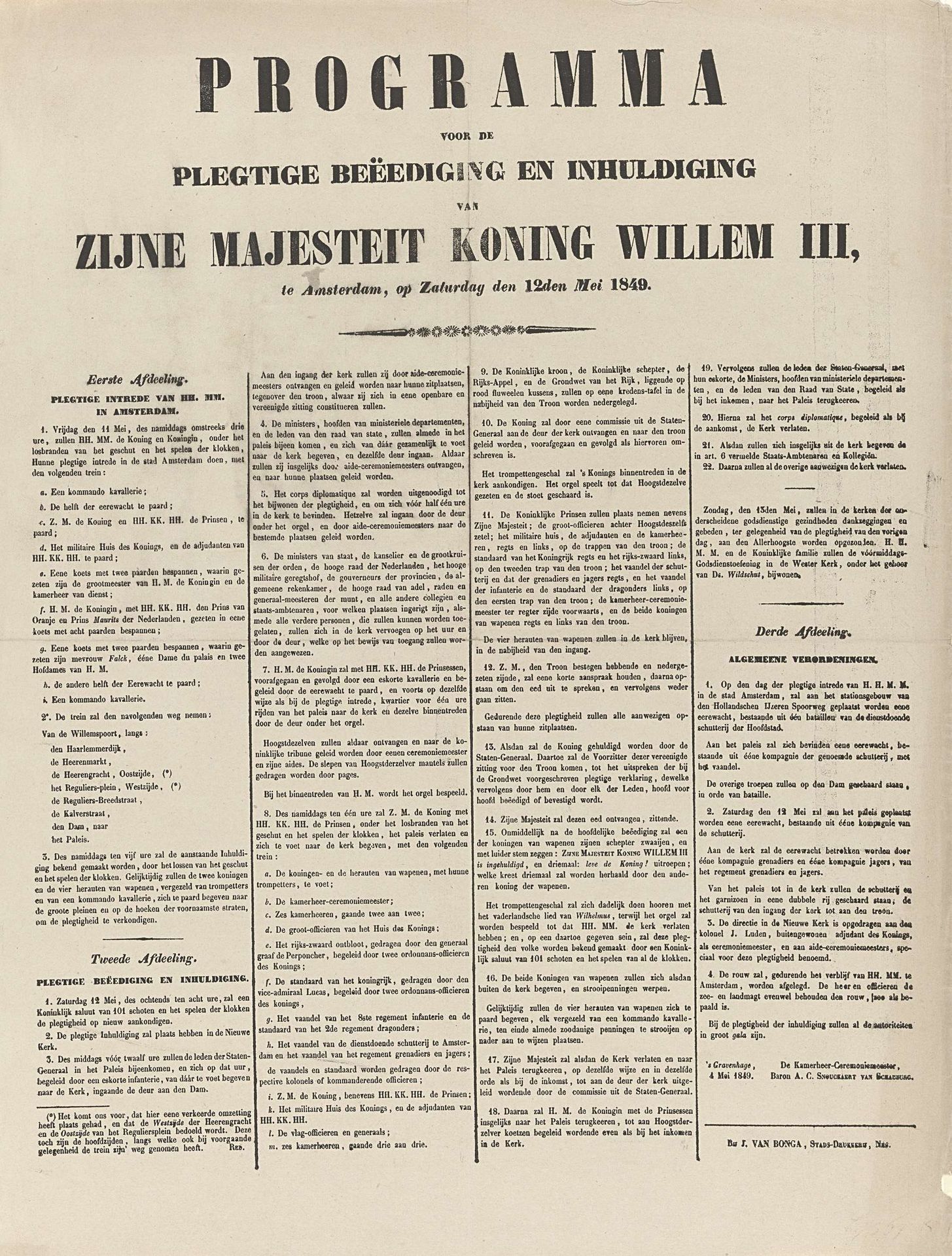 Programma voor de Plegtige Beëediging en Inhuldiging van Zijne Majesteit Koning Willem III, te Amsterdam, op Zaturdag den 12den Mei 1849 by J. van Bonga