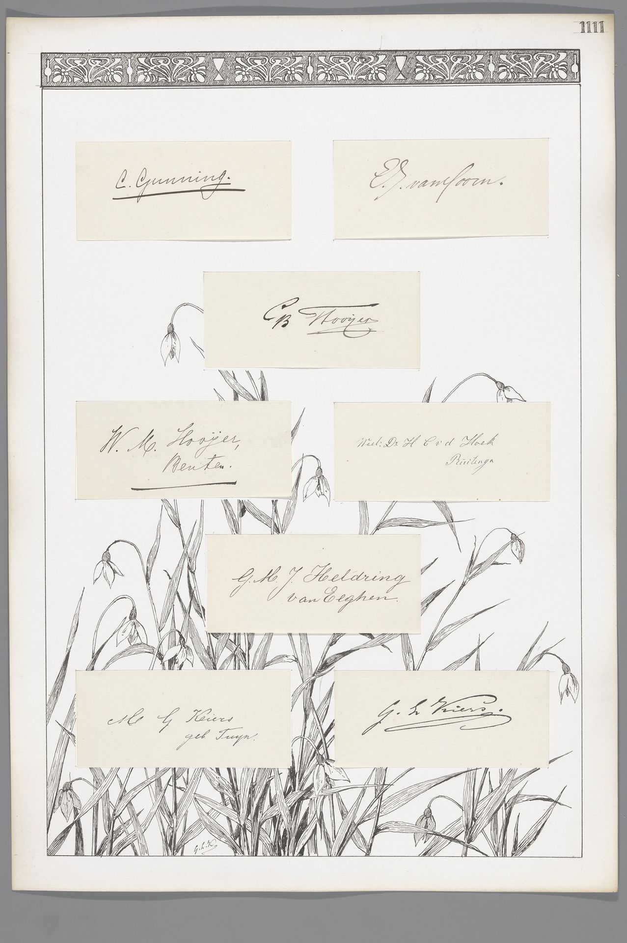 Acht handtekeningen geplakt op een blad met sneeuwklokjes en decoratieve rand by George Lourens Kiers