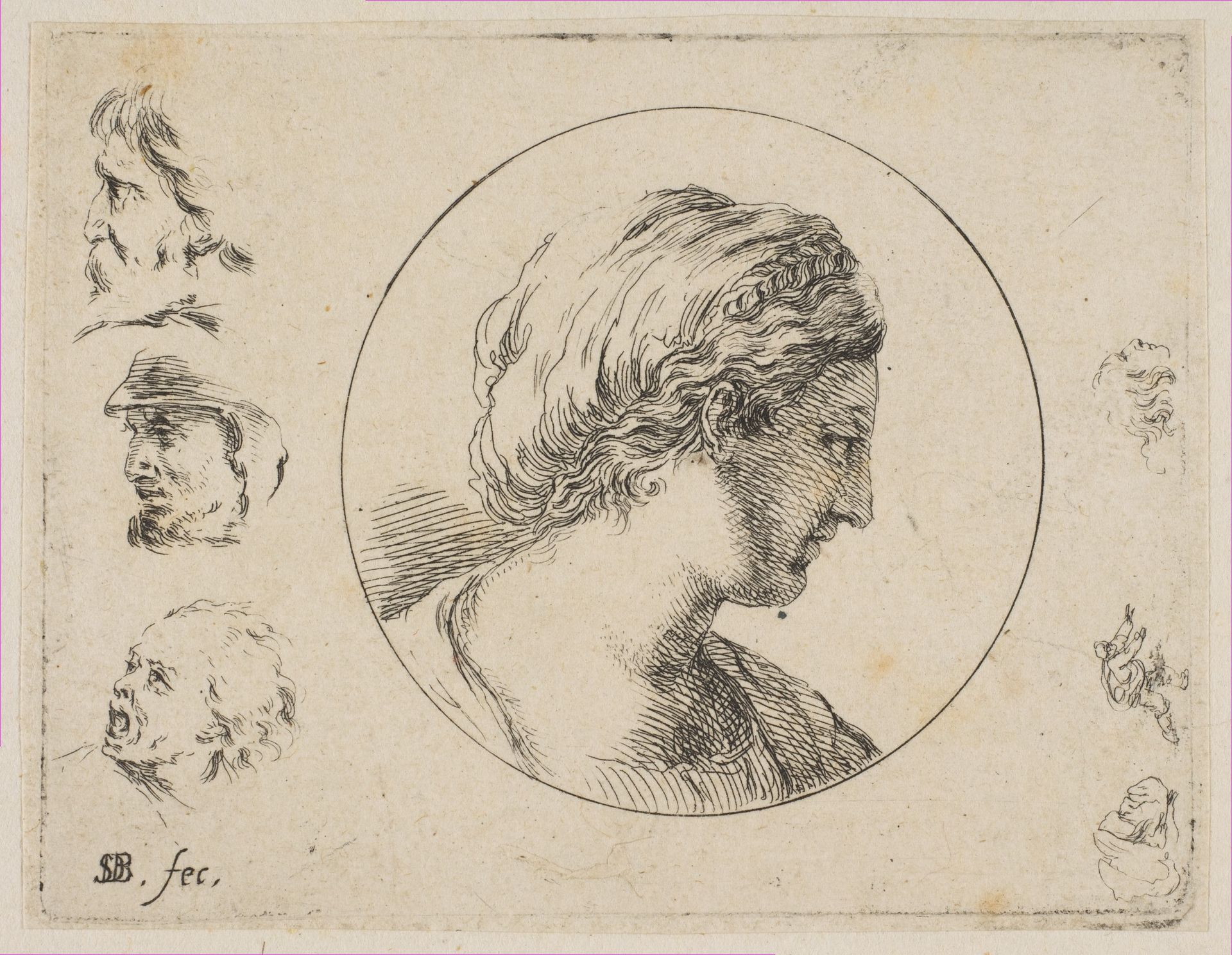 Plate 4: Head of a Woman in Profile, from 'Second collection of various doodles and etching proofs' (Second recueil de divers griffonnements et preuves d'eauforte) by Stefano della Bella