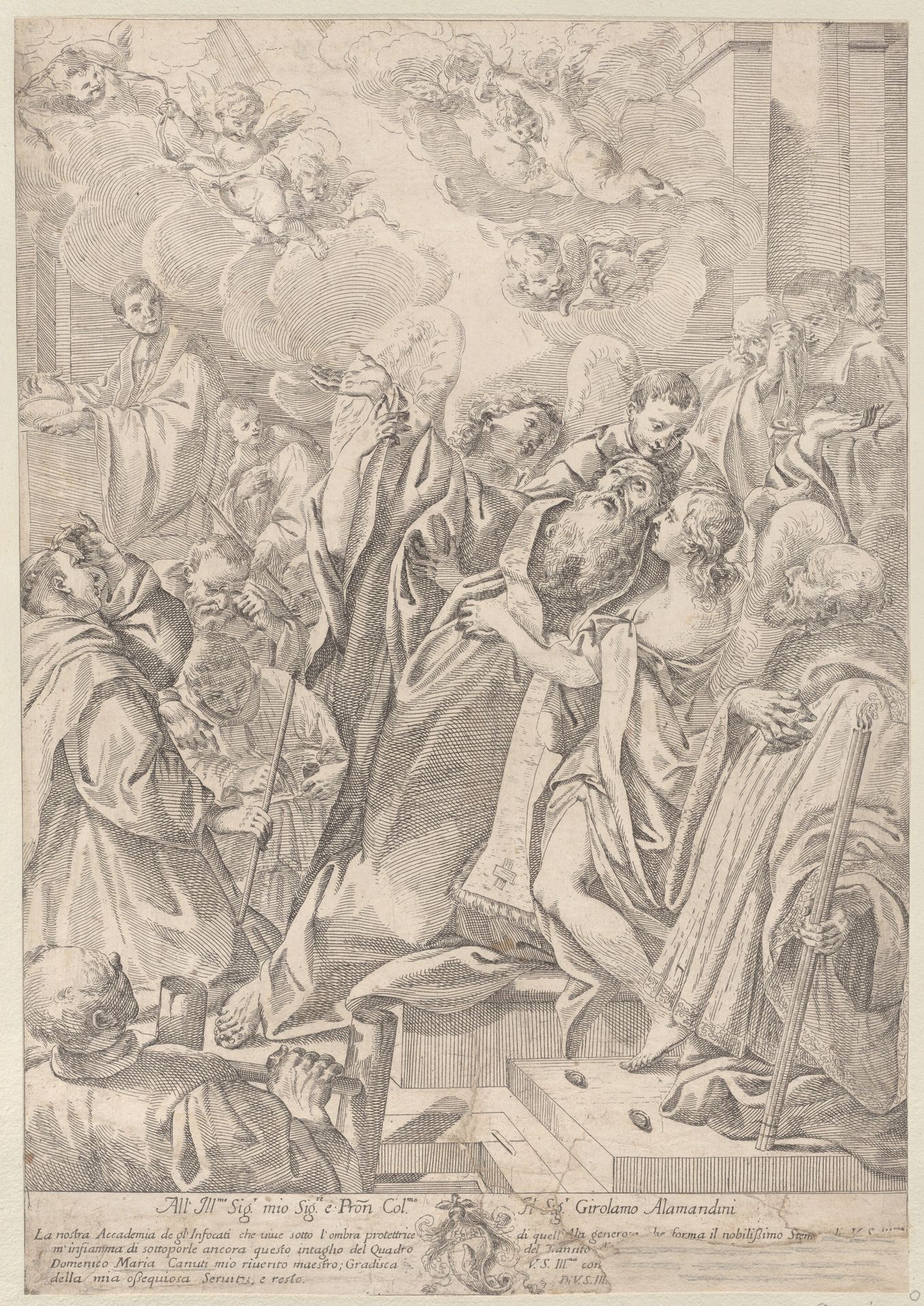 A saint at right, Saint John Nepomuk (?), surrounded by figures, raising his hands towards angels at upper left by Anonymous
