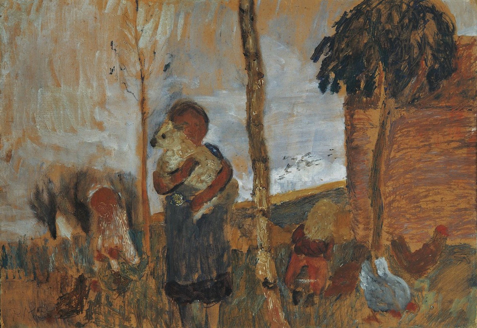 Children and chickens in front of a landscape by Paula Modersohn-Becker