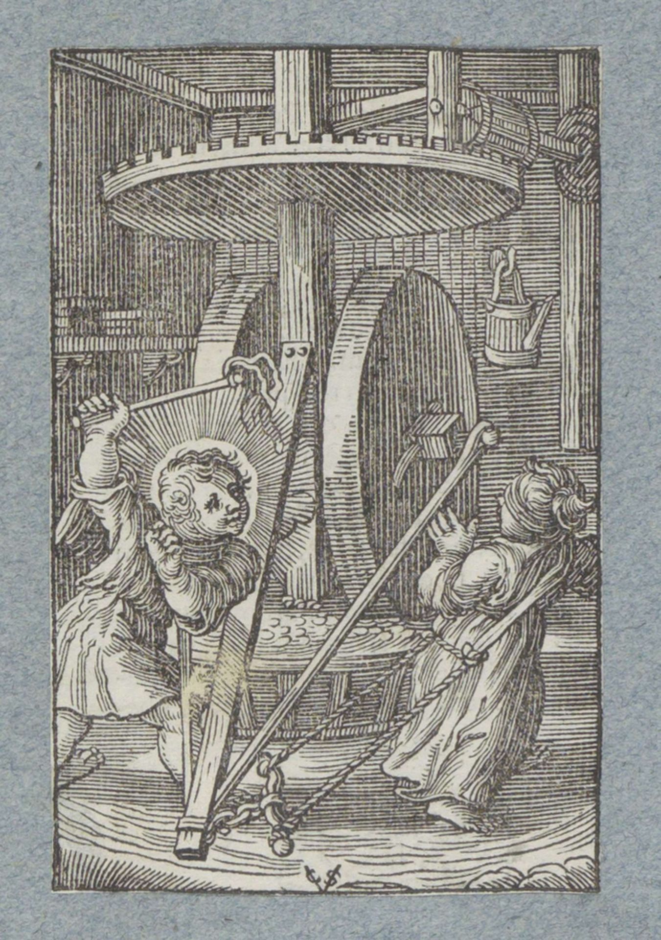 Engel drijft geblinddoekt kind met zweep voor zich uit in tredmolen by Christoffel van (II) Sichem