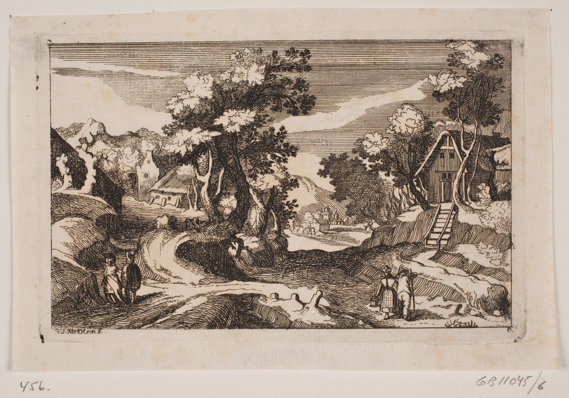 Kuperet landskab med bondehuse. Forrest en mælkepige og en bonde med høtyv by Hans Jørgen Kirksteen