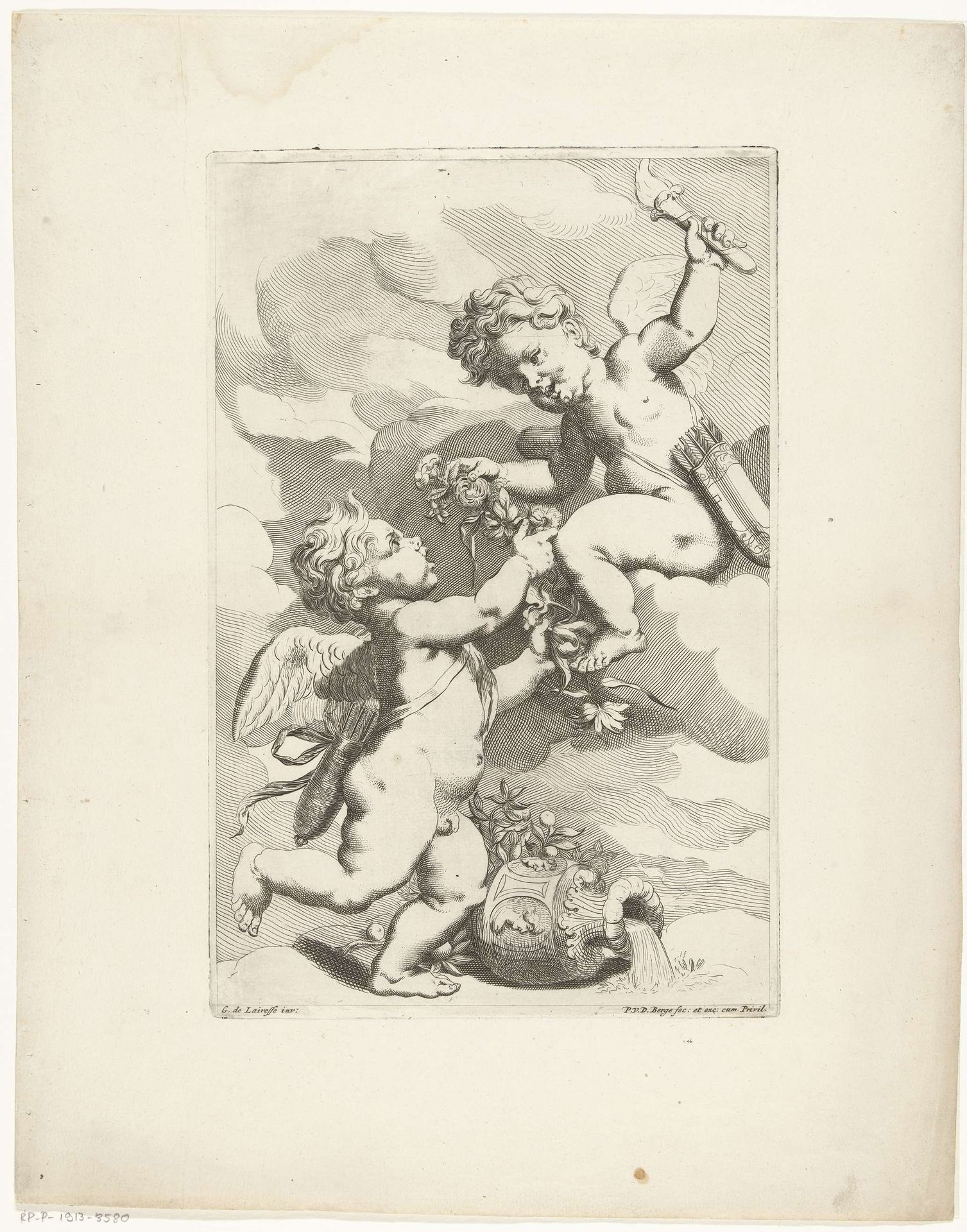 Twee putti met een bloemguirlande by Pieter van den Berge