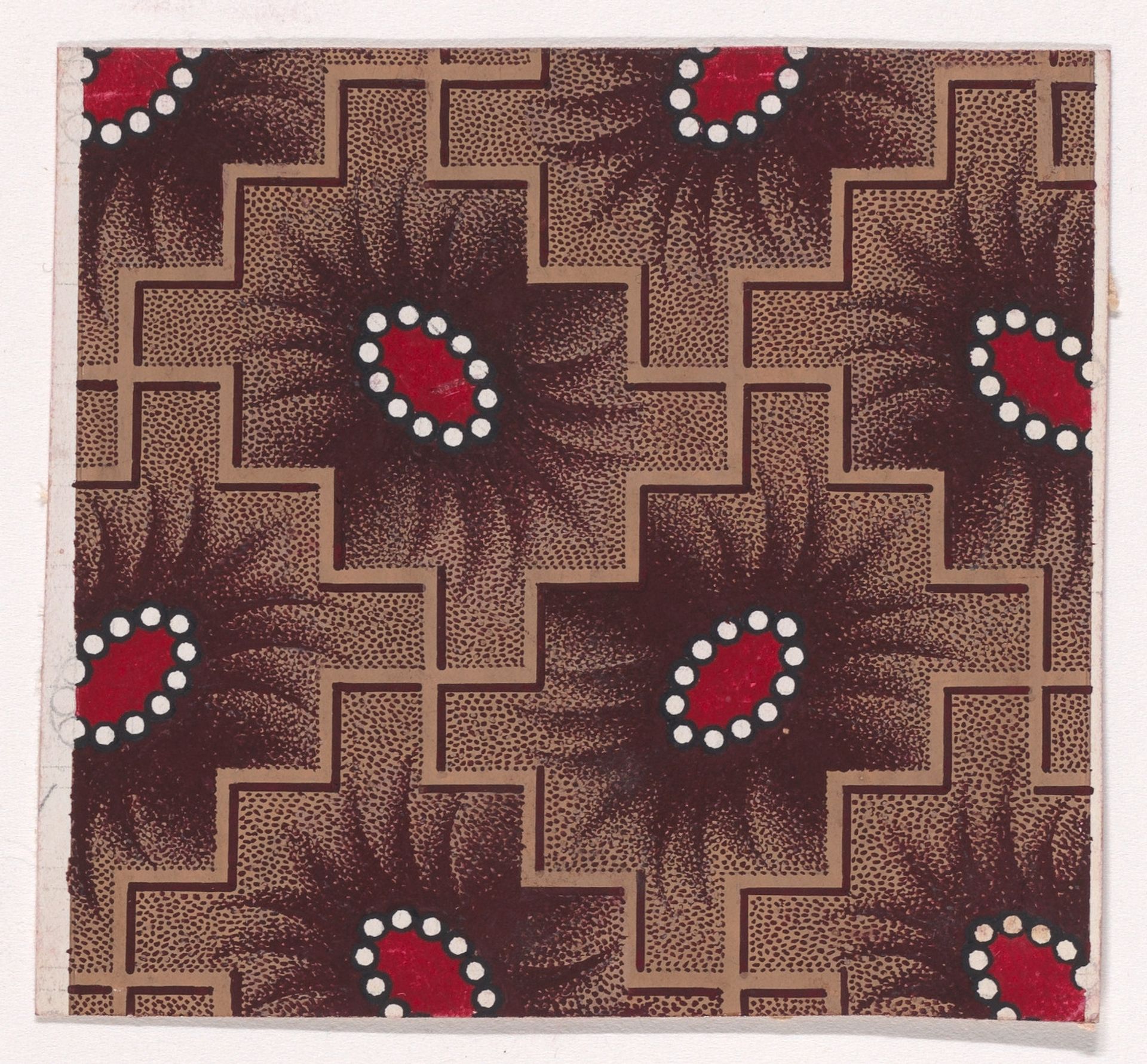 Textile Design with Alternating Shuttle-Shaped Motifs Framed by Pearls and with Offsetting Palmettes Framed by a Checked Pattern of Intersecting Zig-Zagging Diagonal Lines by Anonymous