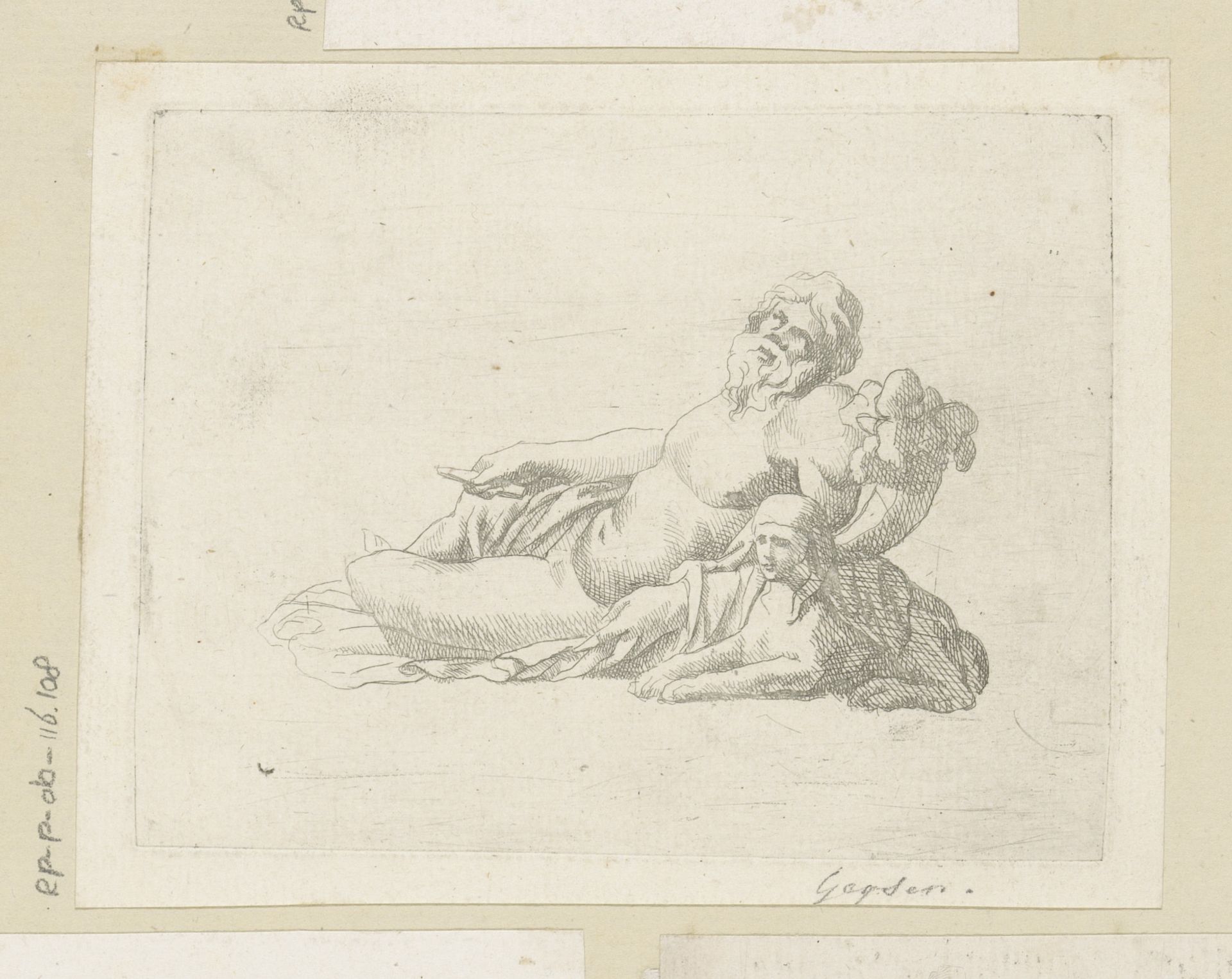 Mythologisch figuur rustend op een sfinx by Christian Gottlieb Geyser