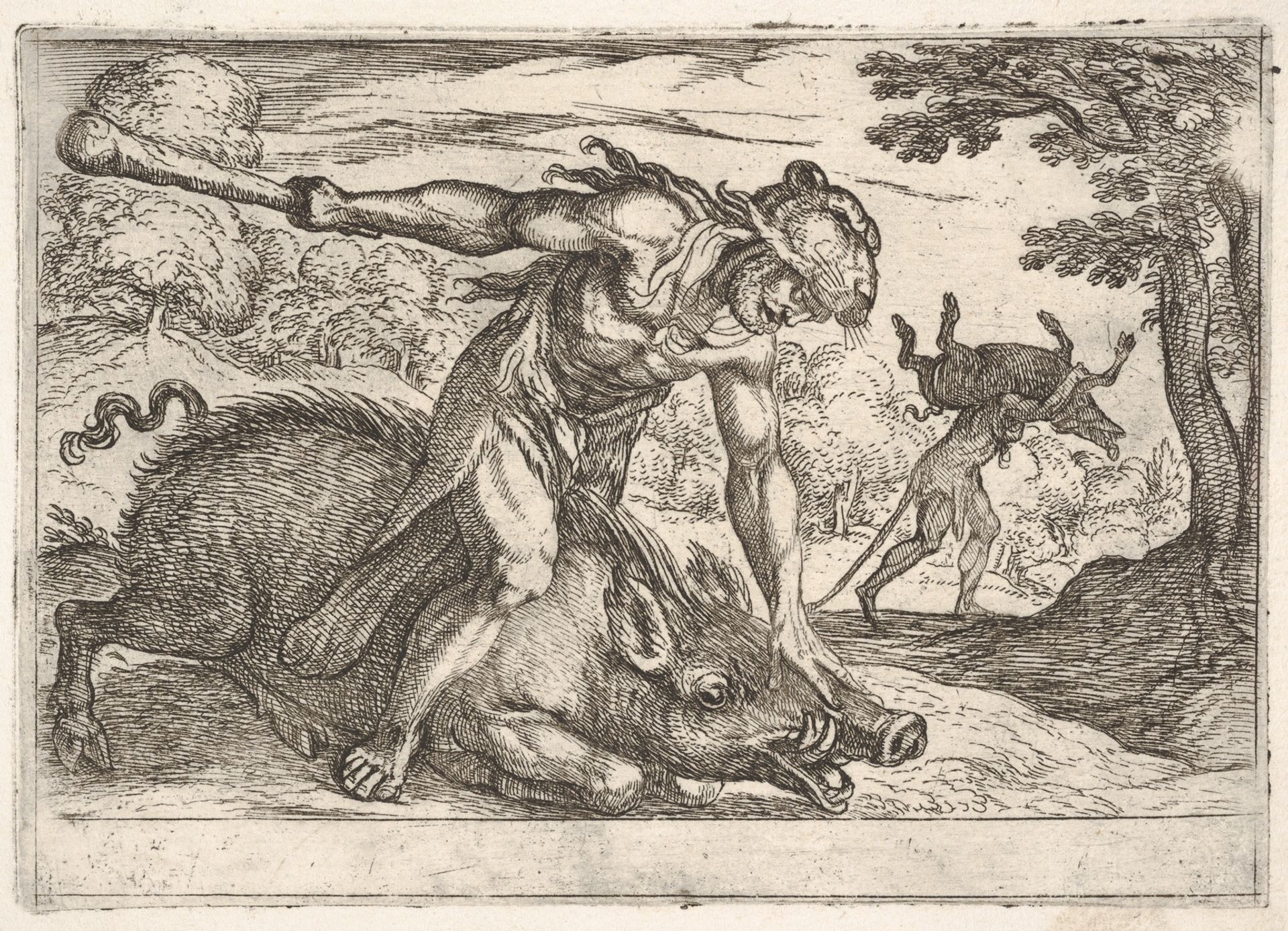 Hercules and the Boar of Erymanthus: Hercules holds down the boar's snout with his left hand and raises his club with his right hand, in the middle ground Hercules carries the boar on his shoulders, from the series 'The Labors of Hercules' by Antonio Tempesta