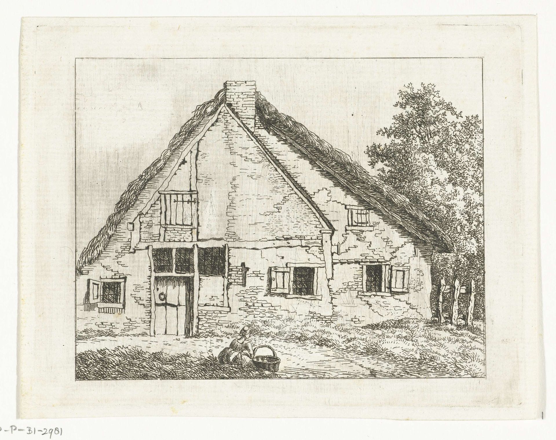 Vrouw met mand zittend voor een huis by Anthonie van den Bos