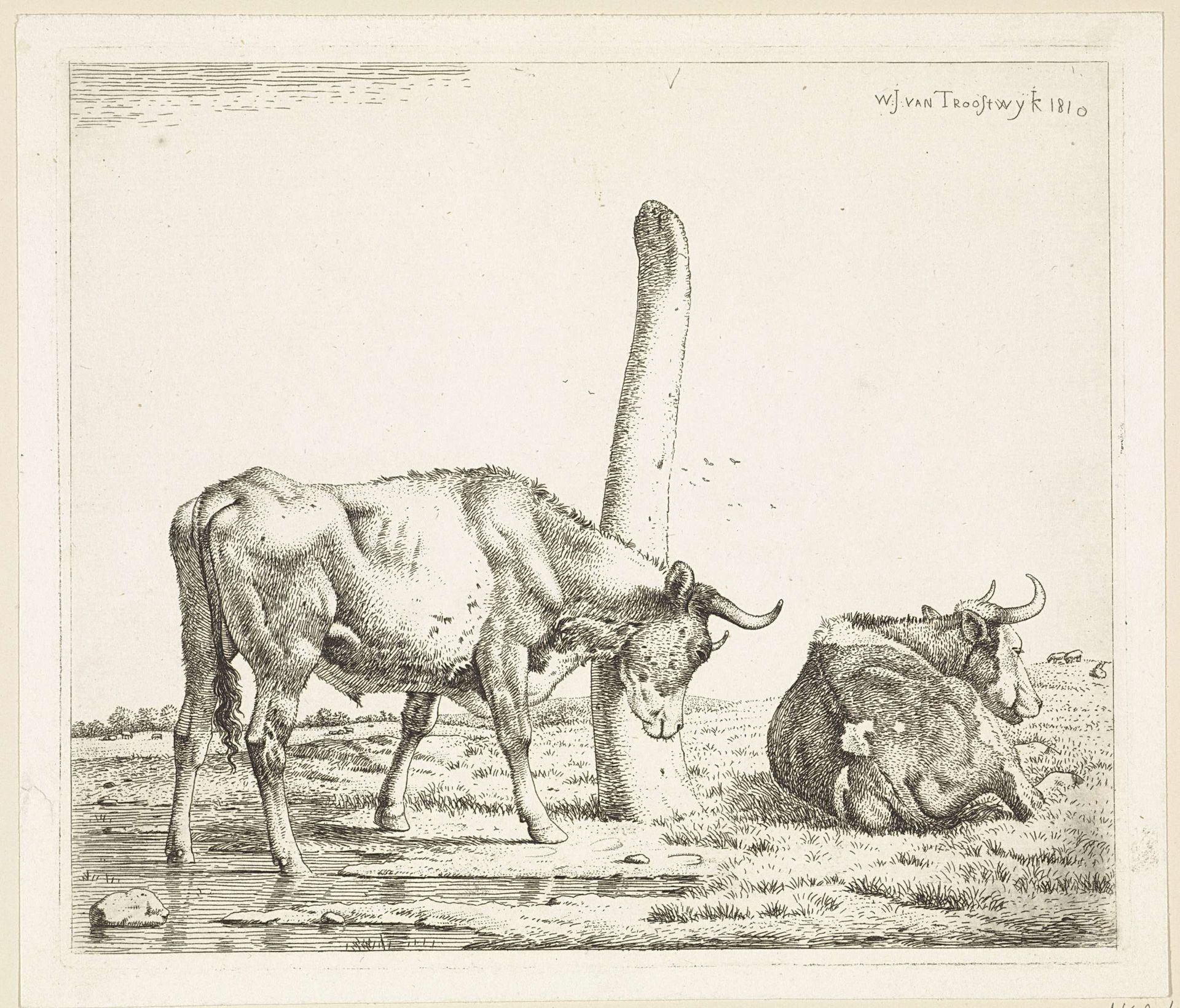 Stier die zich krabt aan een boomstam by Wouter Johannes van Troostwijk