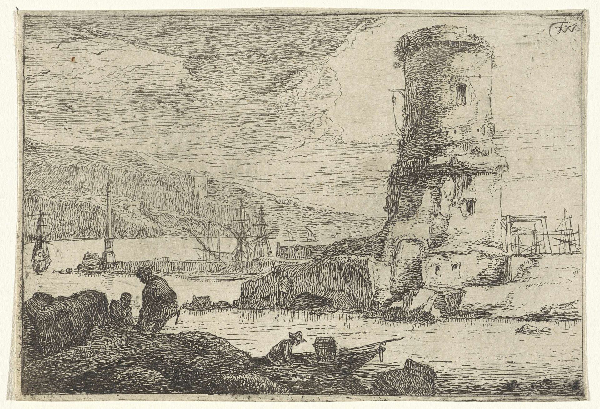 Landschap met ronde toren in een haven by Thomas Wijck