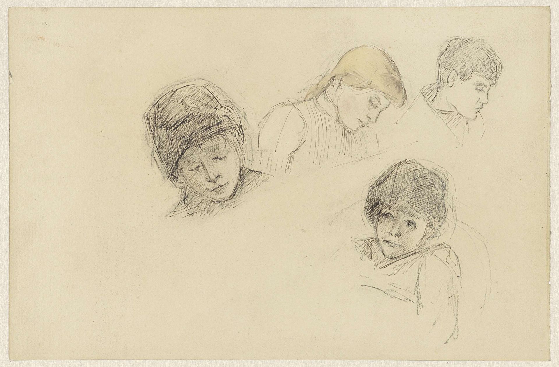Vier schetsen van kinderhoofden by Jozef Israëls