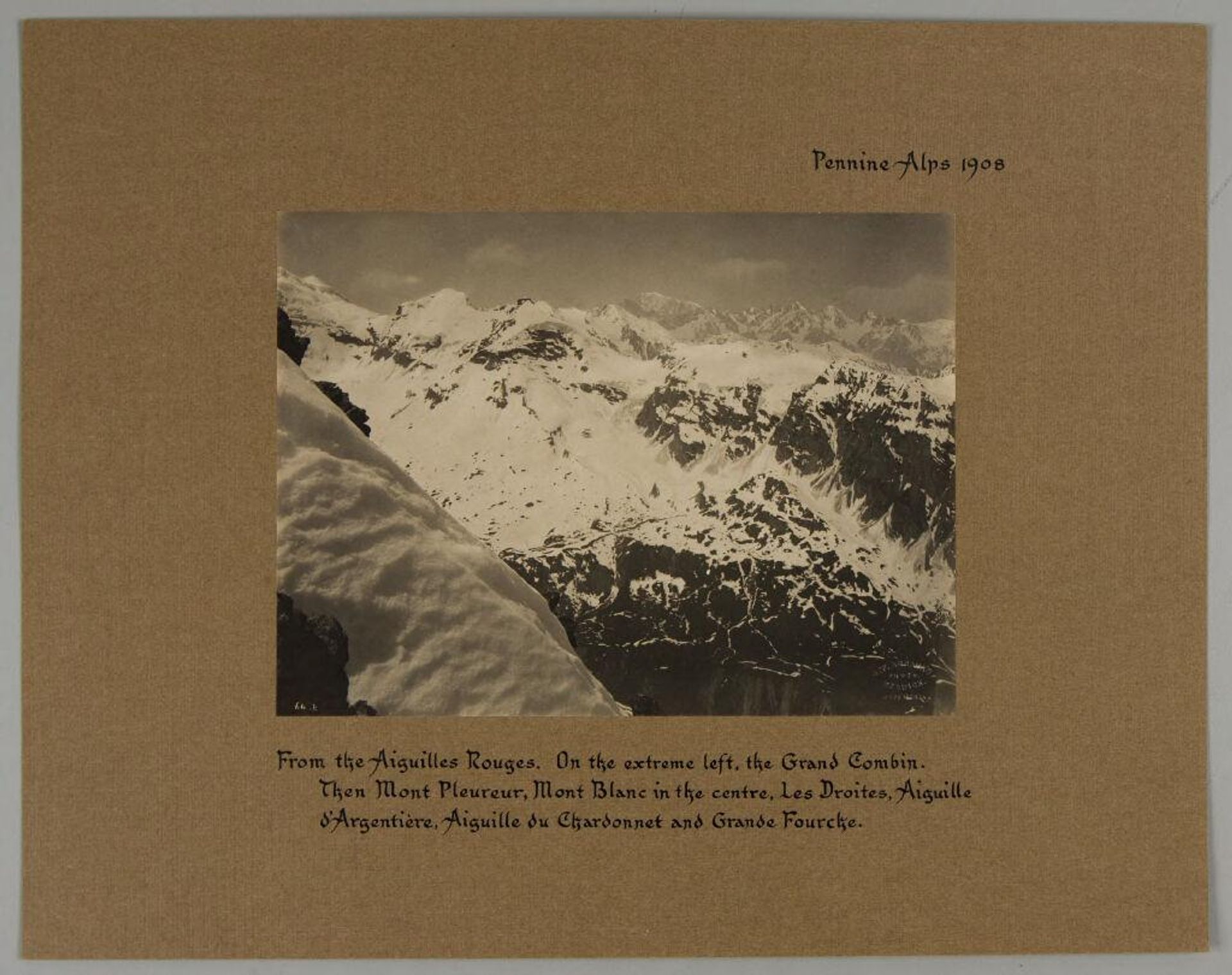From the Aiguilles Rouges. On the extreme left, the Grand Combin. Then Mount Pleureur, Mont Blanc in the centre, Les Droites, Aiguille d'Argentiere, Aiguille du Chardonnet and Grande Fourche. by George Perry Ashley Abraham