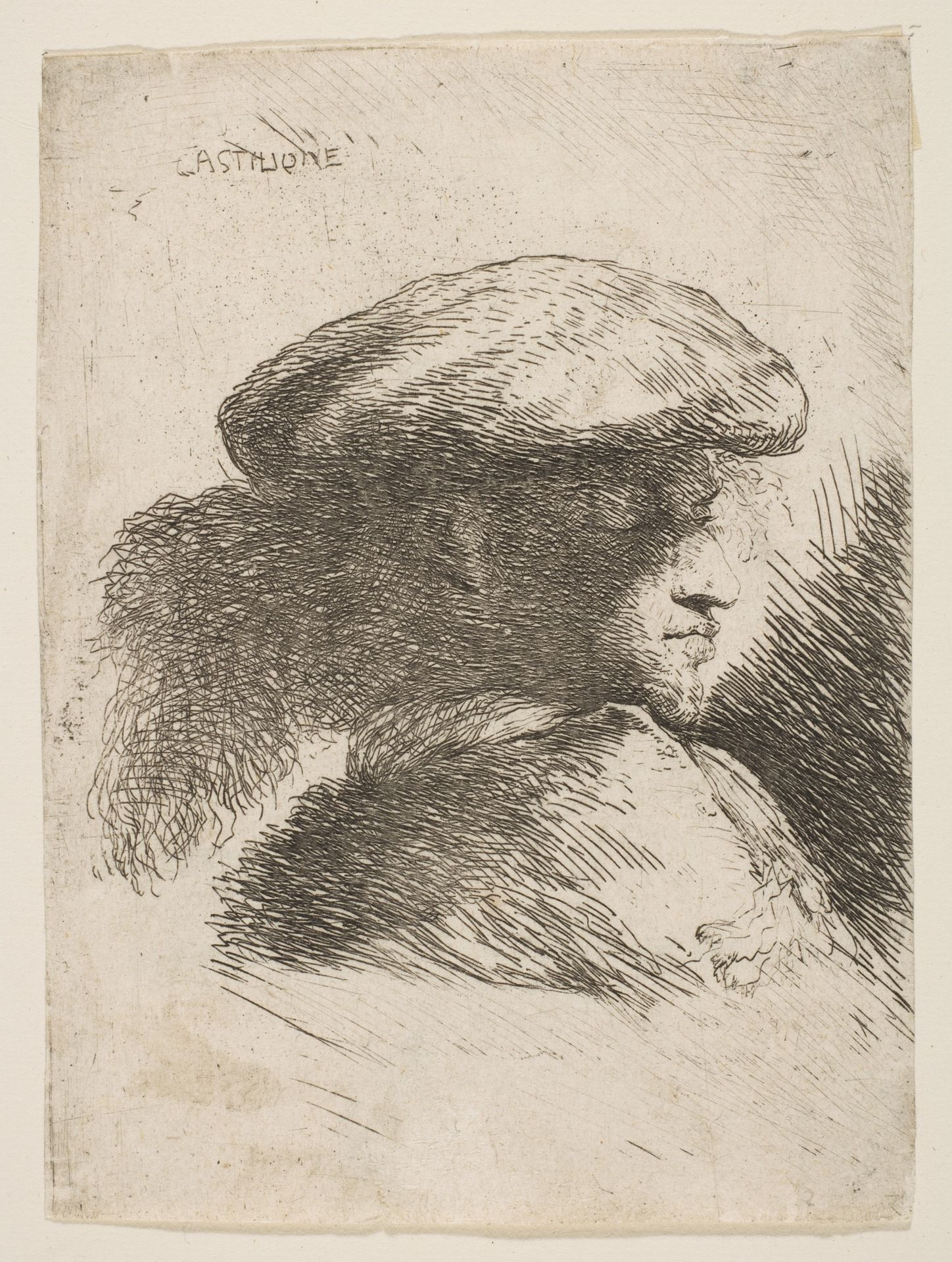Man in profile facing right, wearing a fur hat, from series of  'Small Heads in Oriental Headdress' by Giovanni Benedetto Castiglione (Il Grechetto)
