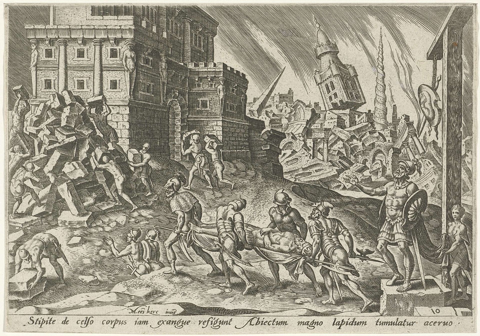 Het lichaam van de koning van Ai wordt naar de stadspoort gebracht by Philips Galle