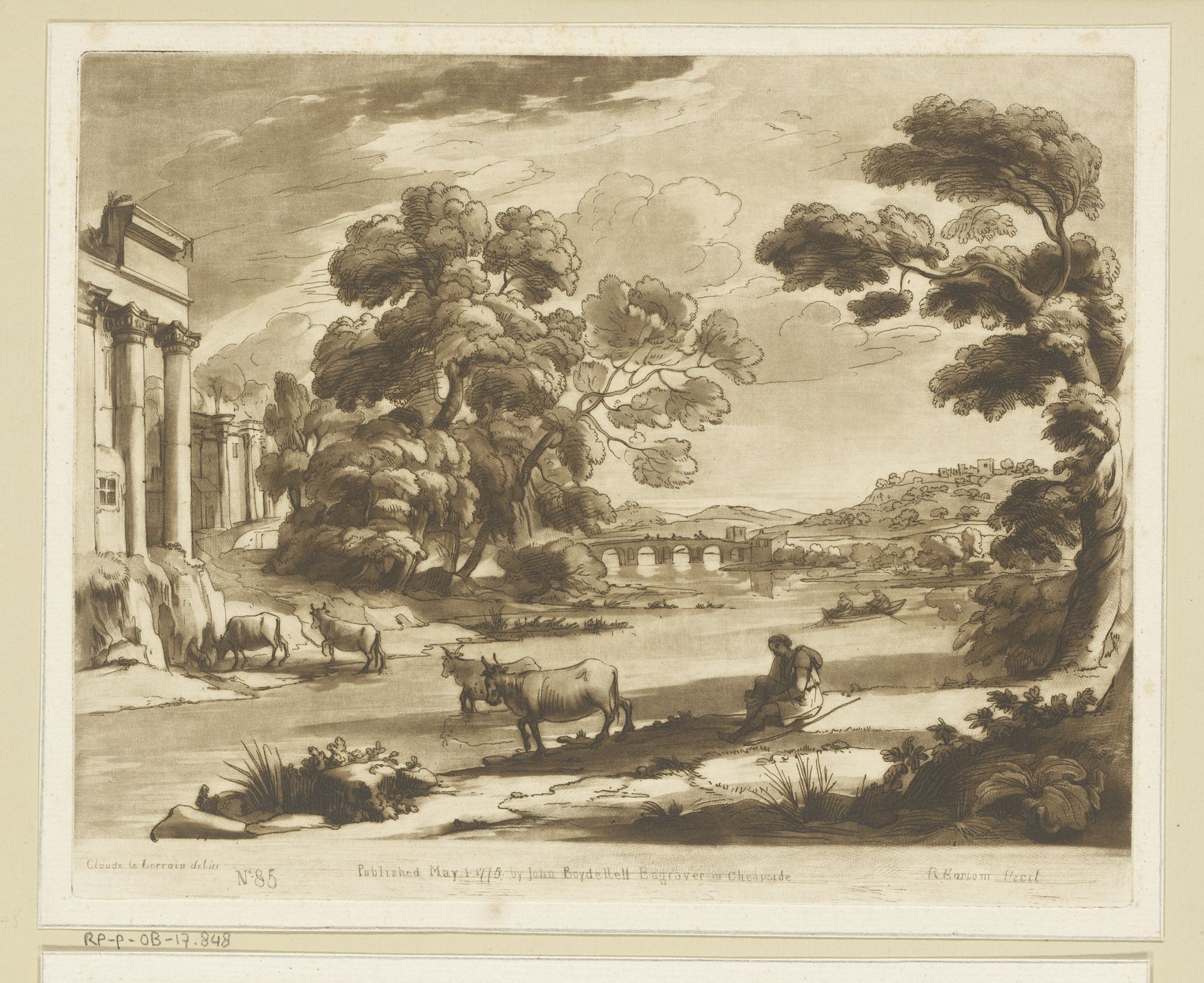 Landschap met rustende herder en vier koeien die een rivier oversteken by Richard Earlom