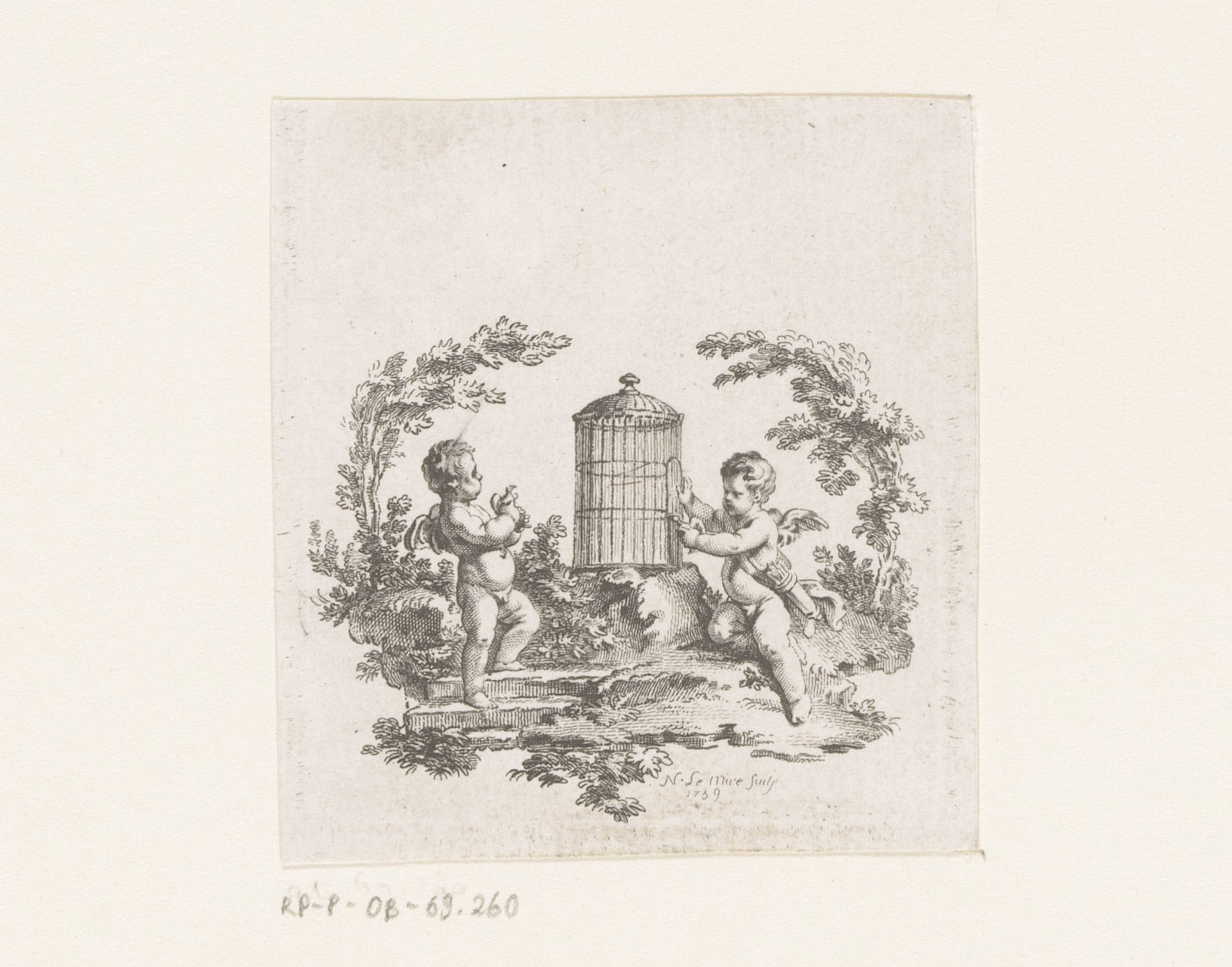 Twee putti bij een vogelkooi by Noël Le Mire