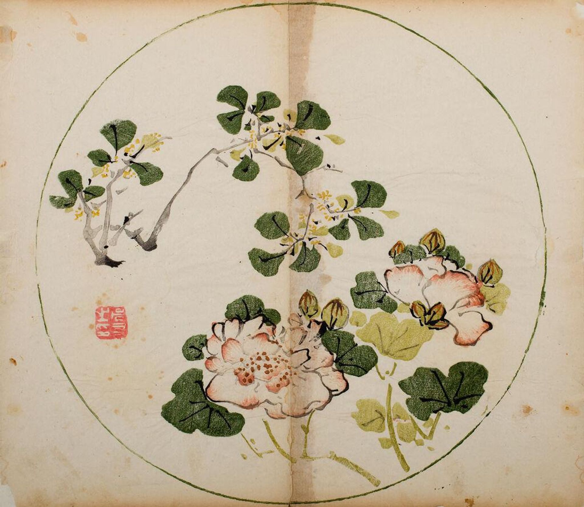 Flowering Branches in Circular Fan Shape -- Illustration from the Ten Bamboo Studio Manual of Calligraphy and Painting (Shizhuzhai shuhua pu) by Hu Zhengyan
