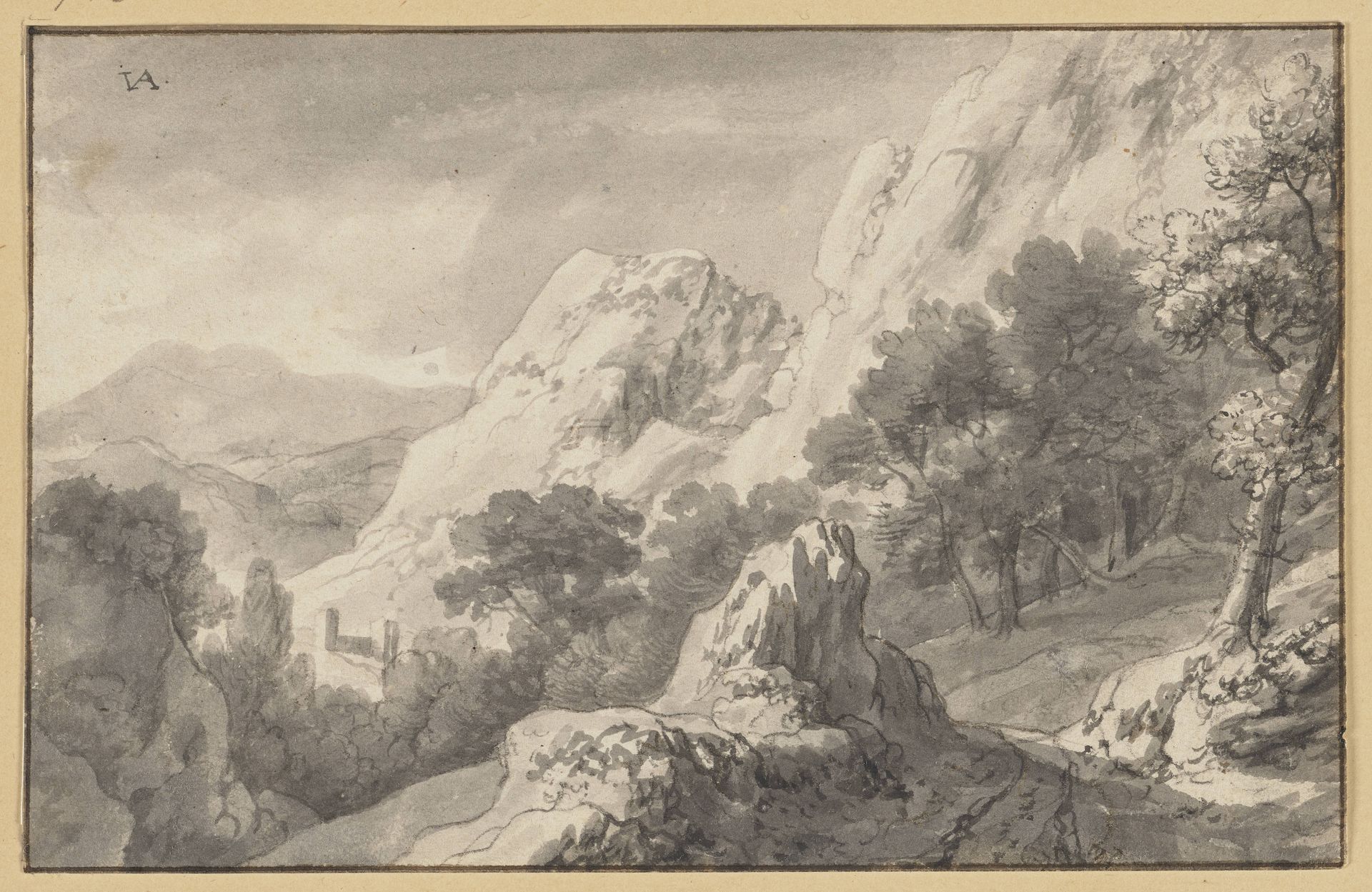 Bergige Landschaft, vorne in der Mitte eine Felspartie by Jan van Aken