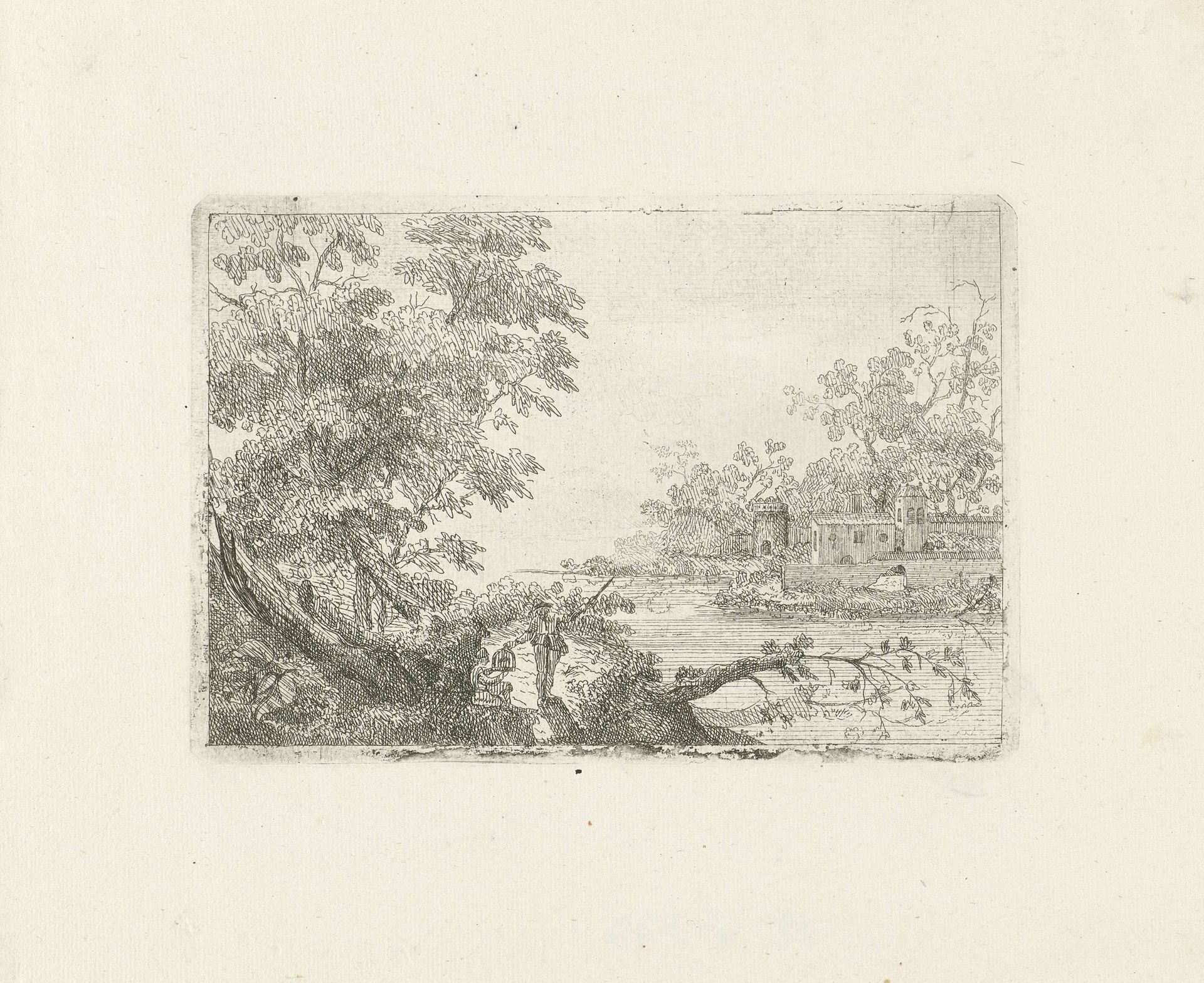 Riviergezicht met twee figuren aan de oever by Pieter (I) Langendijk