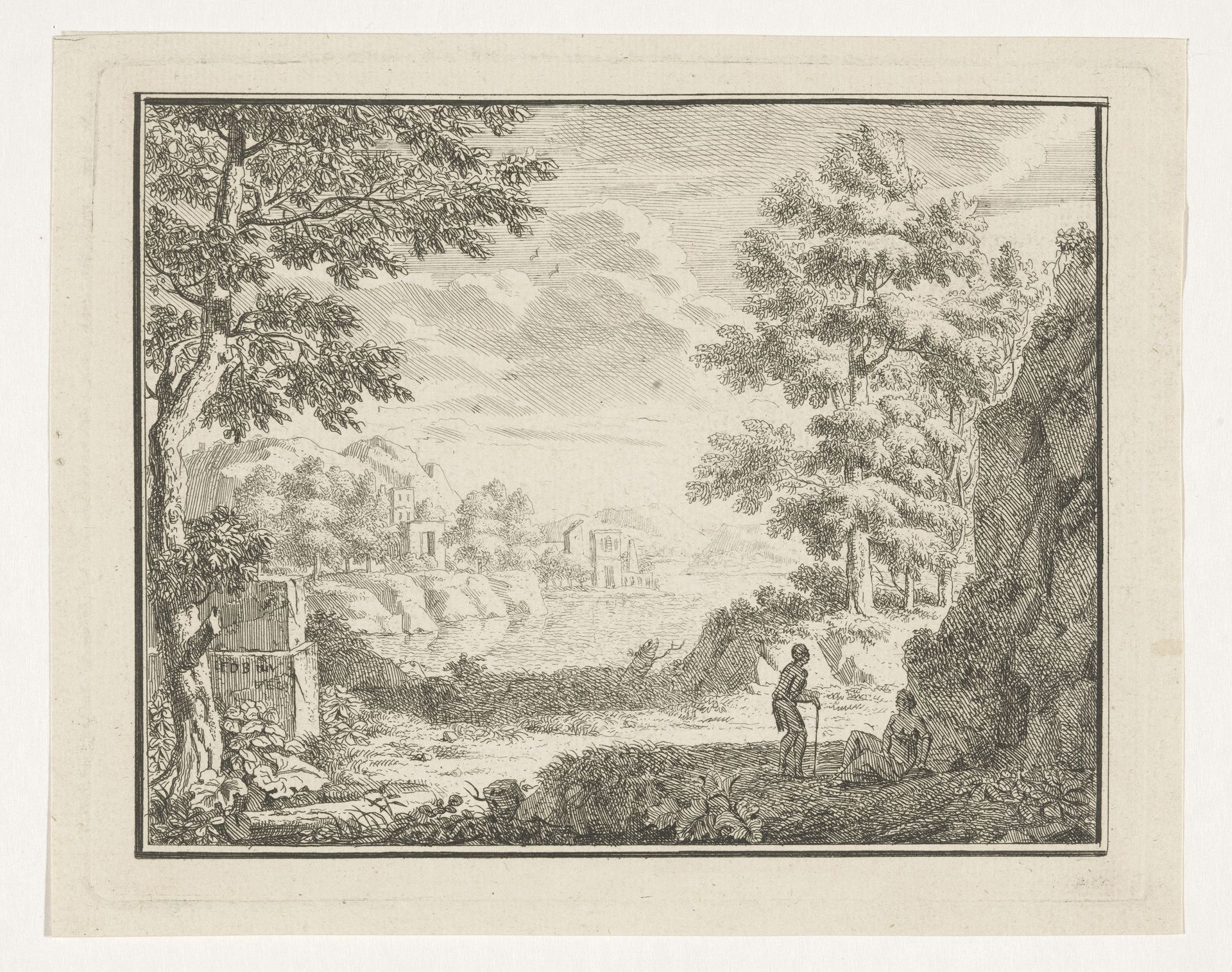 Arcadisch landschap met twee in de schaduw rustende reizigers by Louis Fabritius Dubourg