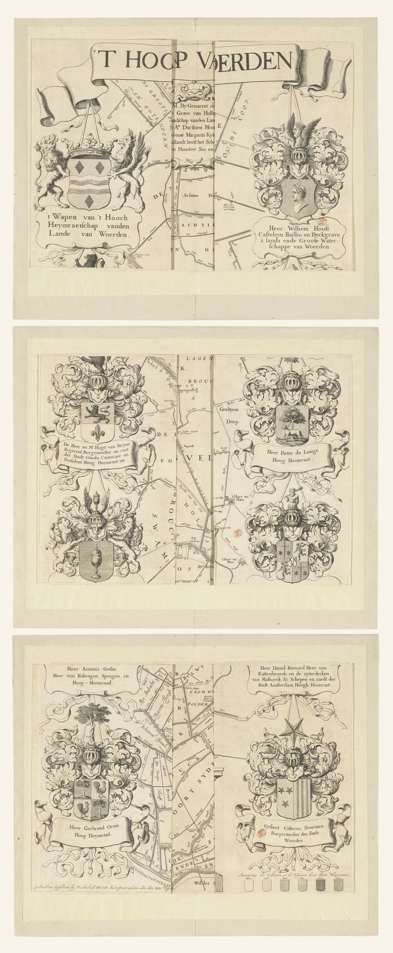 Kaart van het Hoogheemraadschap van Woerden, bestaande uit drie delen by Justus Vinckboons