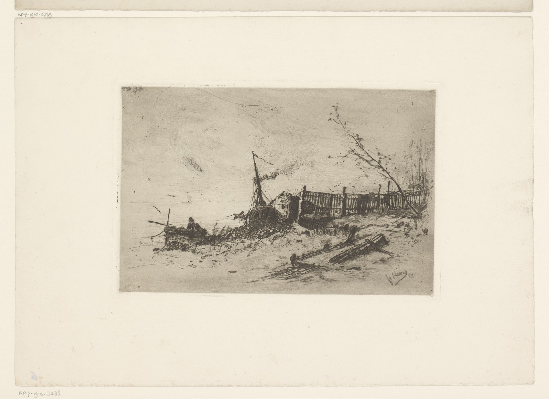 Kustlandschap met boot in het water en een boot op de oever by Frans Hens