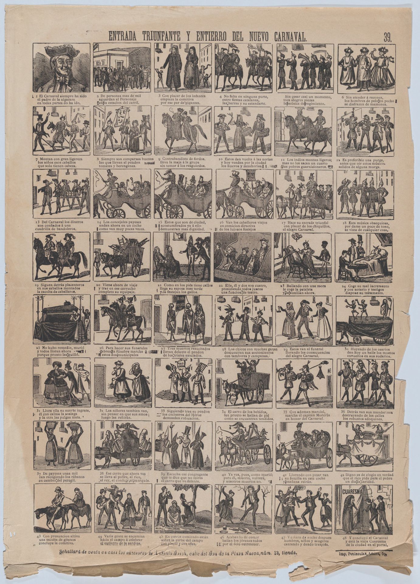 Broadside with 48 scenes depicting the triumphal entry and burial and entry of the new carnival by Antonio Bosch