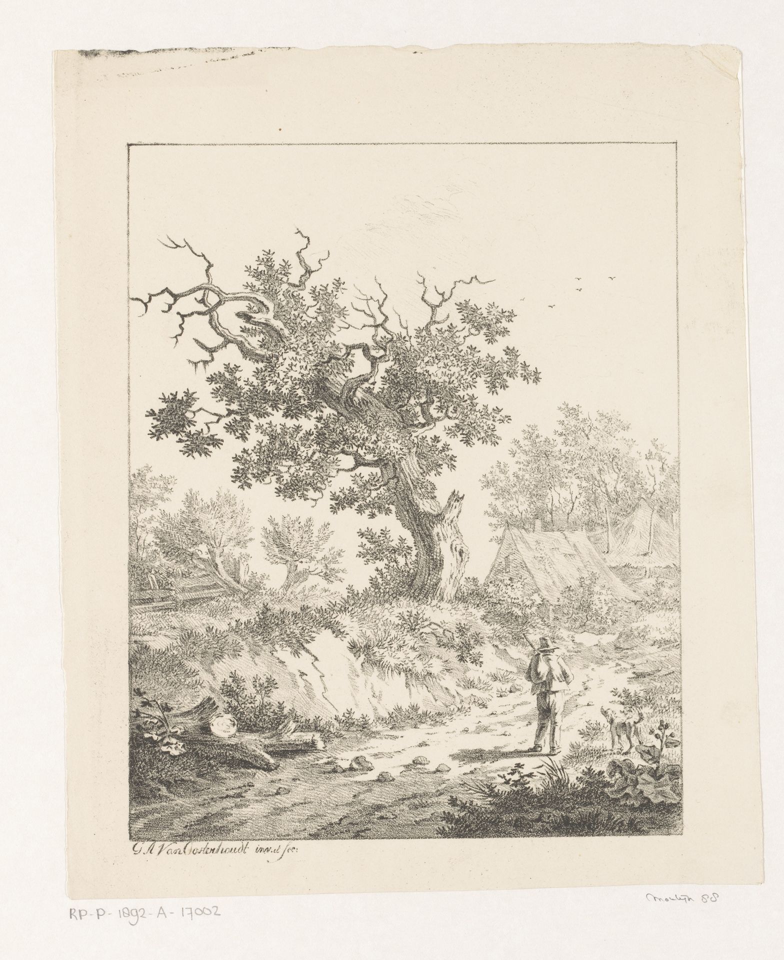 Landschap met man en hond by Gerrit Adrianus van Oosterhoudt