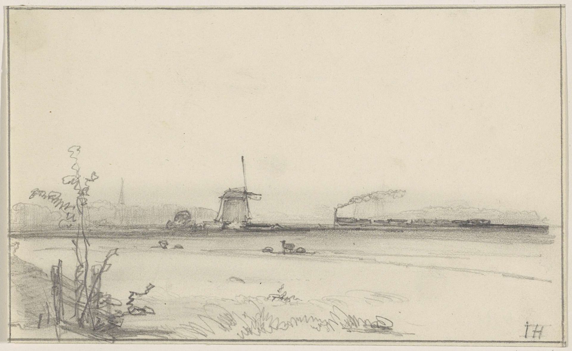 Polderlandschap met molen en stoomtrein by Johannes Franciscus Hoppenbrouwers