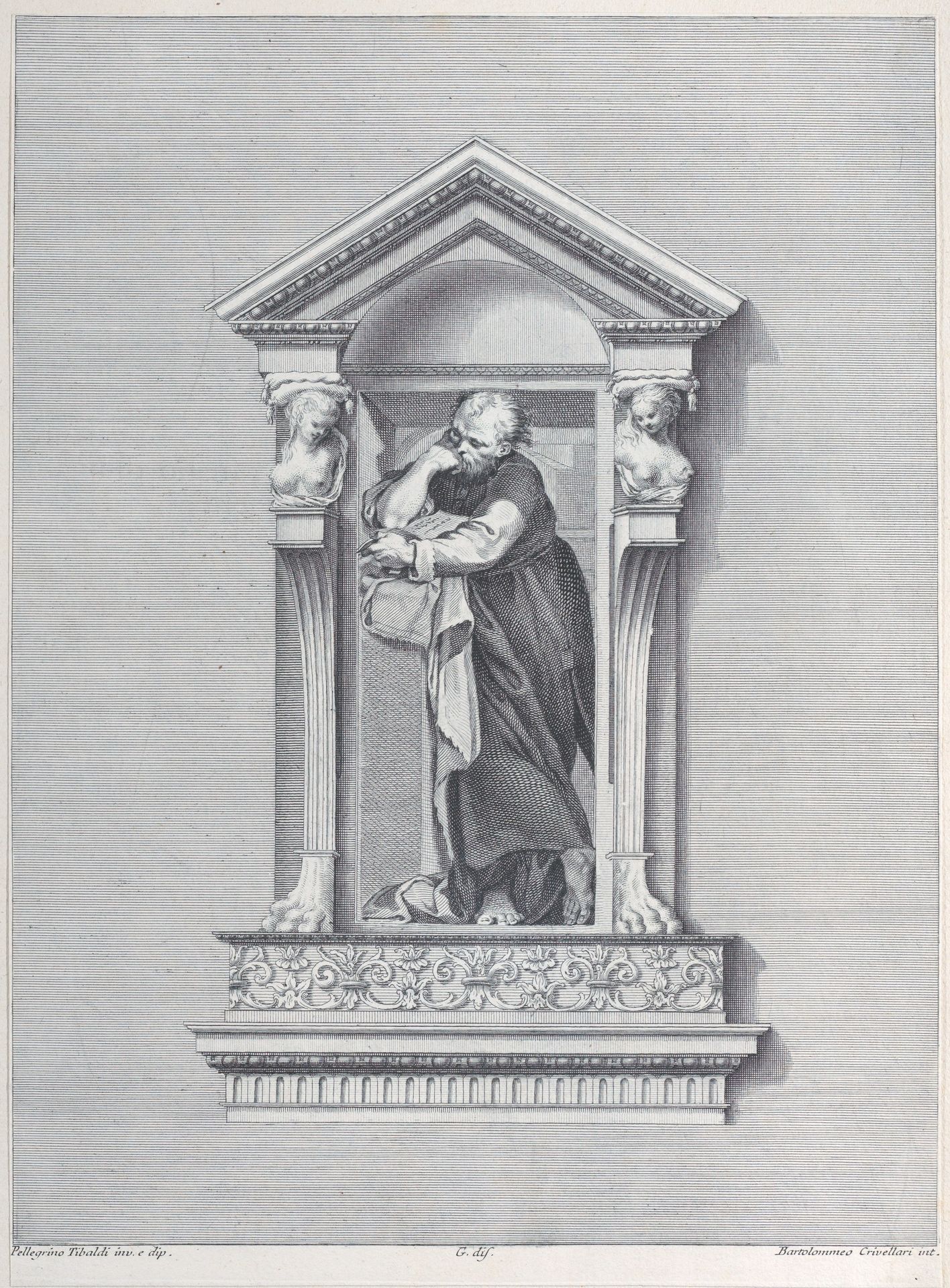 A standing man in a niche with his elbow resting on a column by Bartolomeo Crivellari
