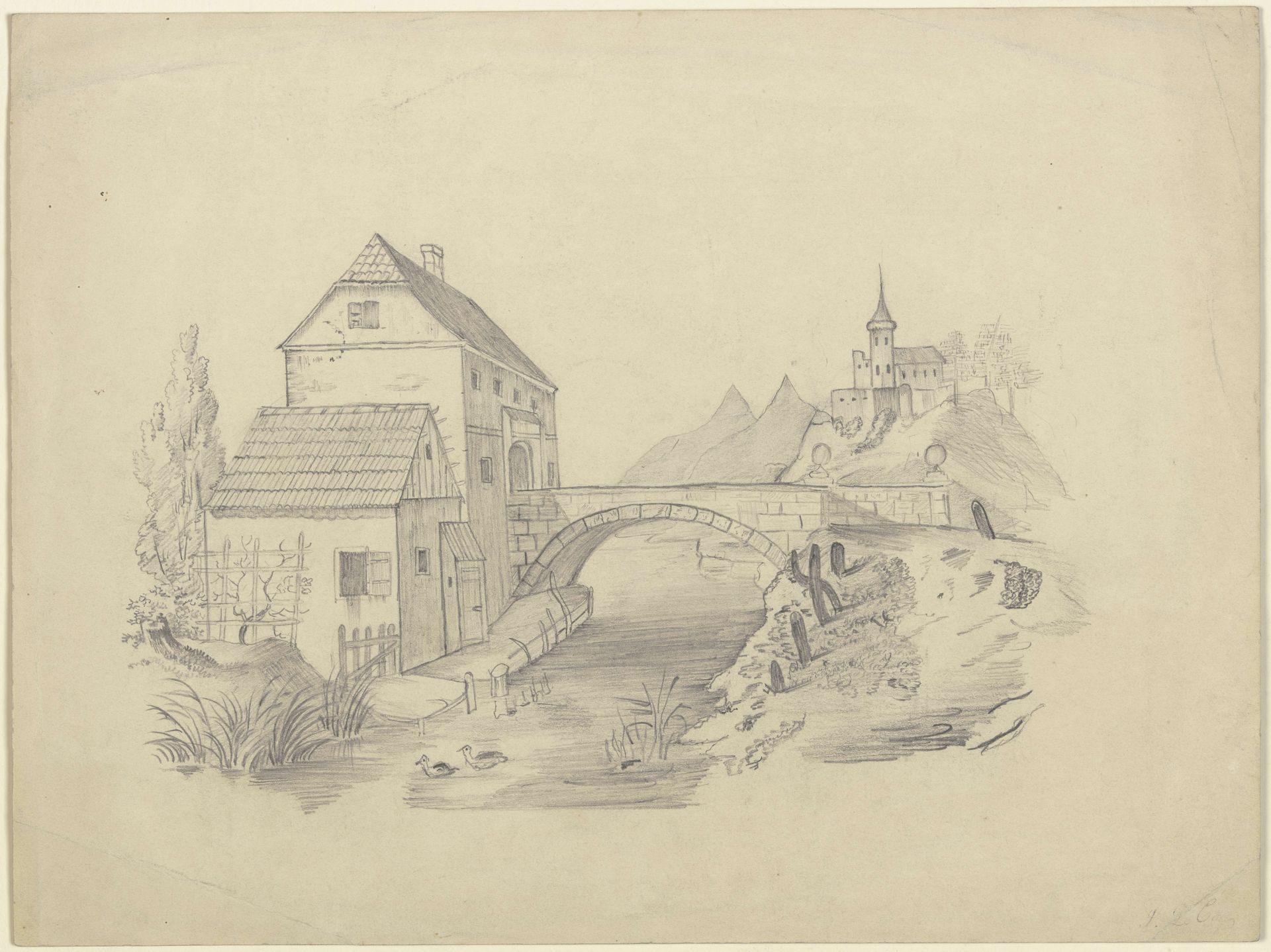 Brückenhaus vor bergiger Landschaft by Victor Müller