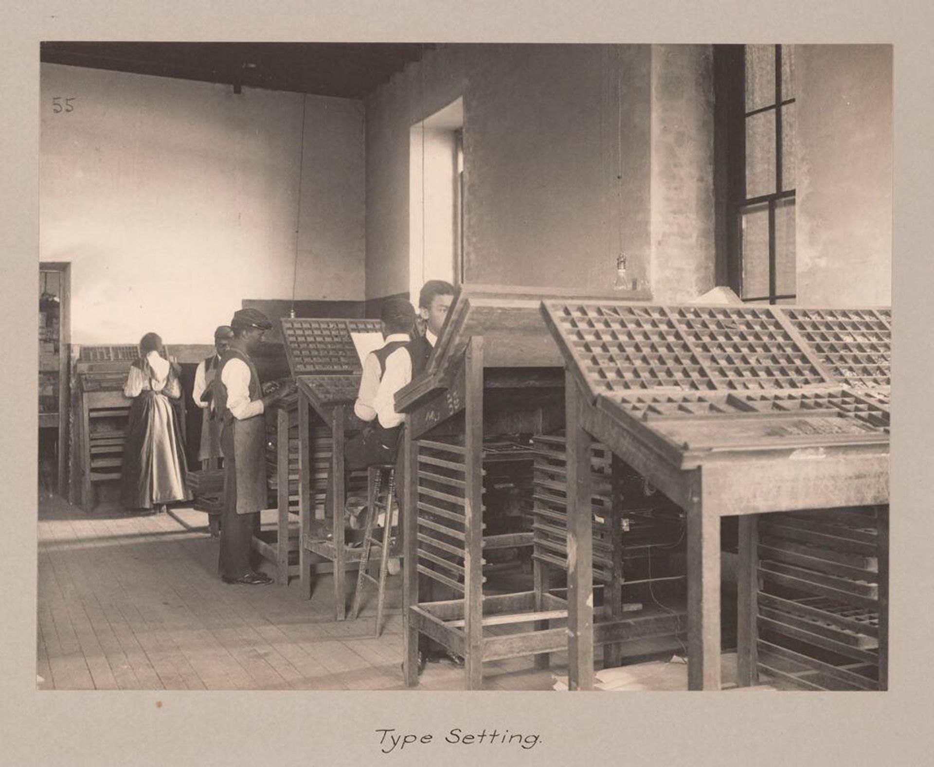 Races, Negroes: United States. Virginia. Hampton. Hampton Normal and Industrial School: Agencies Promoting Assimilation of the Negro. Training for Commercial and Industrial Employment. Hampton Normal and Agricultural Institute, Hampton, Va.: Type Setting. by Frances Benjamin Johnston
