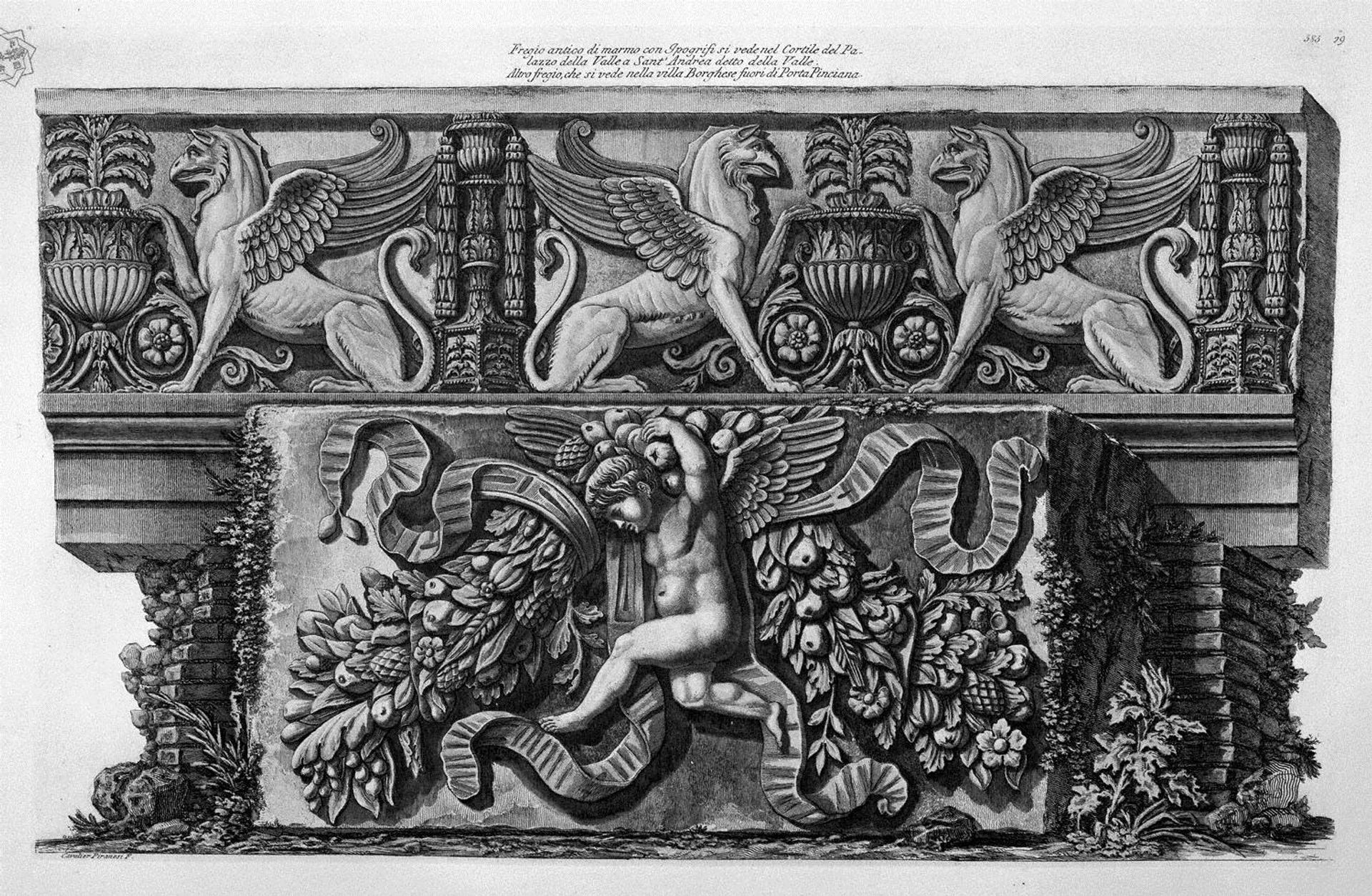 Frieze Hippogriffs ancient marble in the courtyard of the palace of the Valley by Giovanni Battista Piranesi
