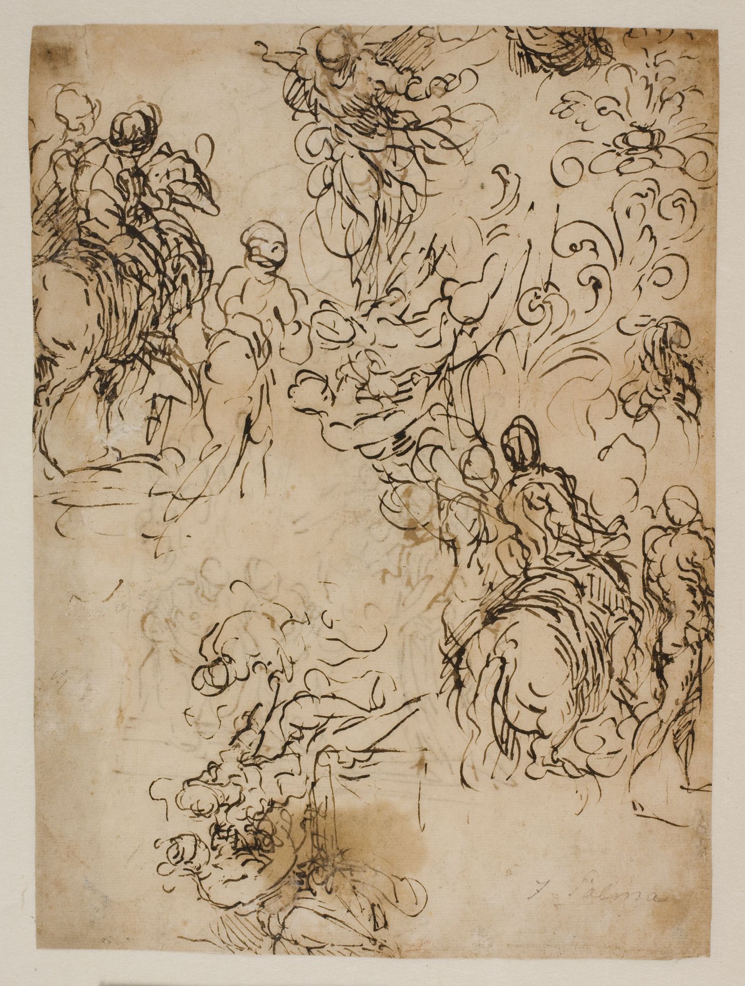 Sketches for Christ hovering in the air, horsemen, a seated couple and a flower ornament by Jacopo Palma (il Giovane)